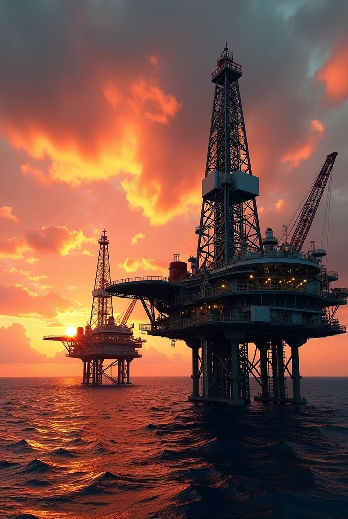 Sunset的黄昏，巨型石油Drilling platforms位于海洋上，Drilling platforms上的特写镜头, Drilling platforms，Extremely complex steel structure，Industrial Machinery, Sunset, Professional Photography，Fisheye lens