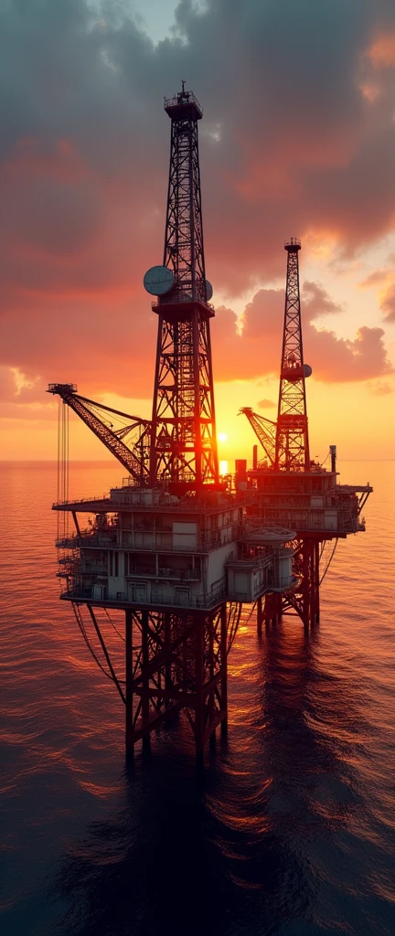 Sunset的黄昏，巨型石油Drilling platforms位于海洋上，Drilling platforms上的特写镜头, Drilling platforms，Extremely complex steel structure，Industrial Machinery, Sunset, Professional Photography，Fisheye lens