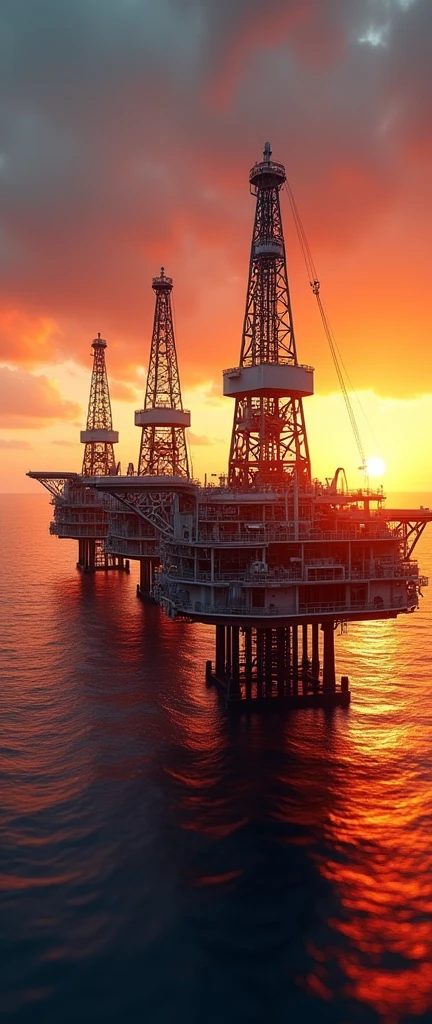 Sunset的黄昏，巨型石油Drilling platforms位于海洋上，Drilling platforms上的特写镜头, Drilling platforms，Extremely complex steel structure，Industrial Machinery, Sunset, Professional Photography，Fisheye lens