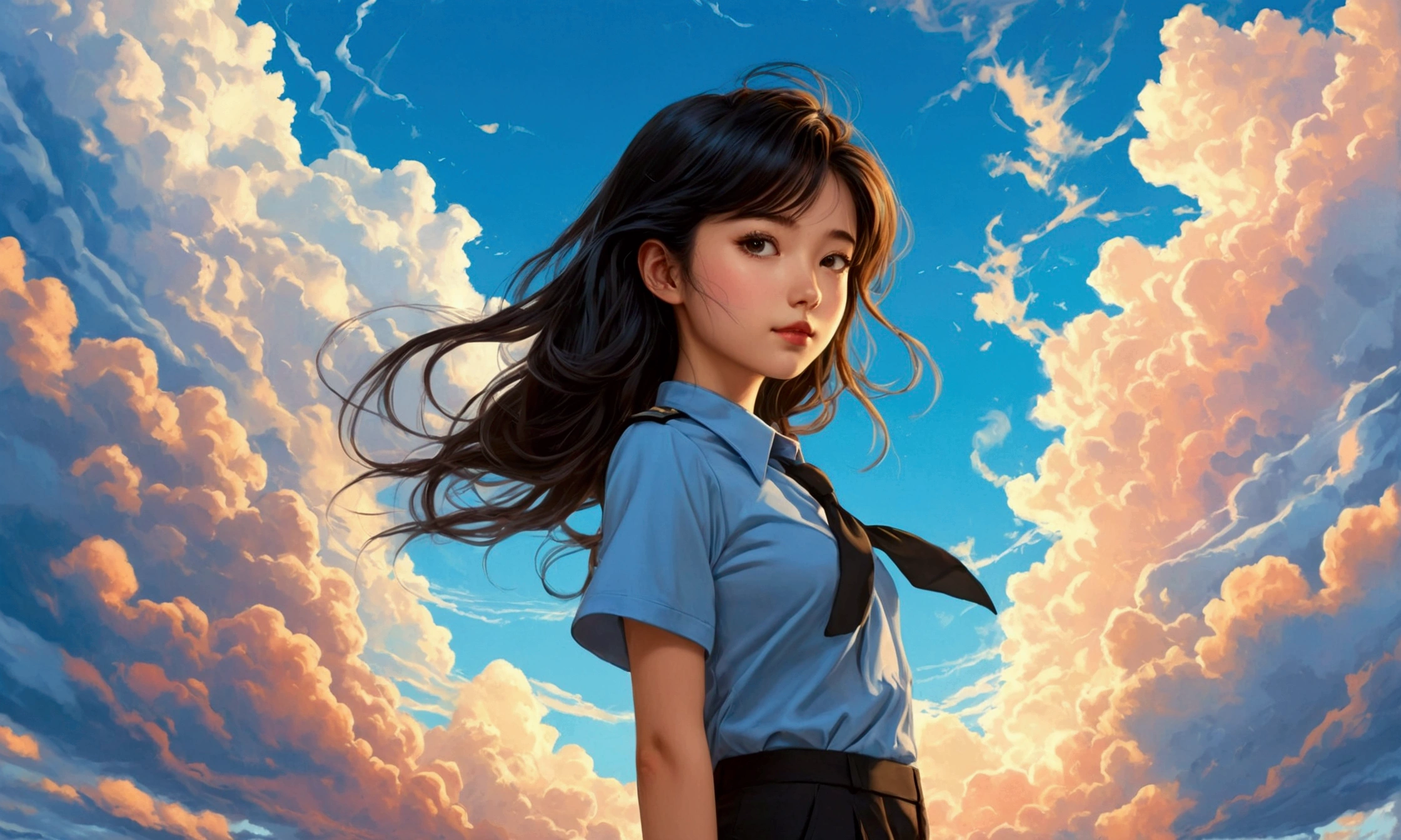 Young college girl in uniform, sky blue uniform top and tight black formal pants, picturesque background and radiant clouds, surrealism, akira style. detailed line art. fine details.