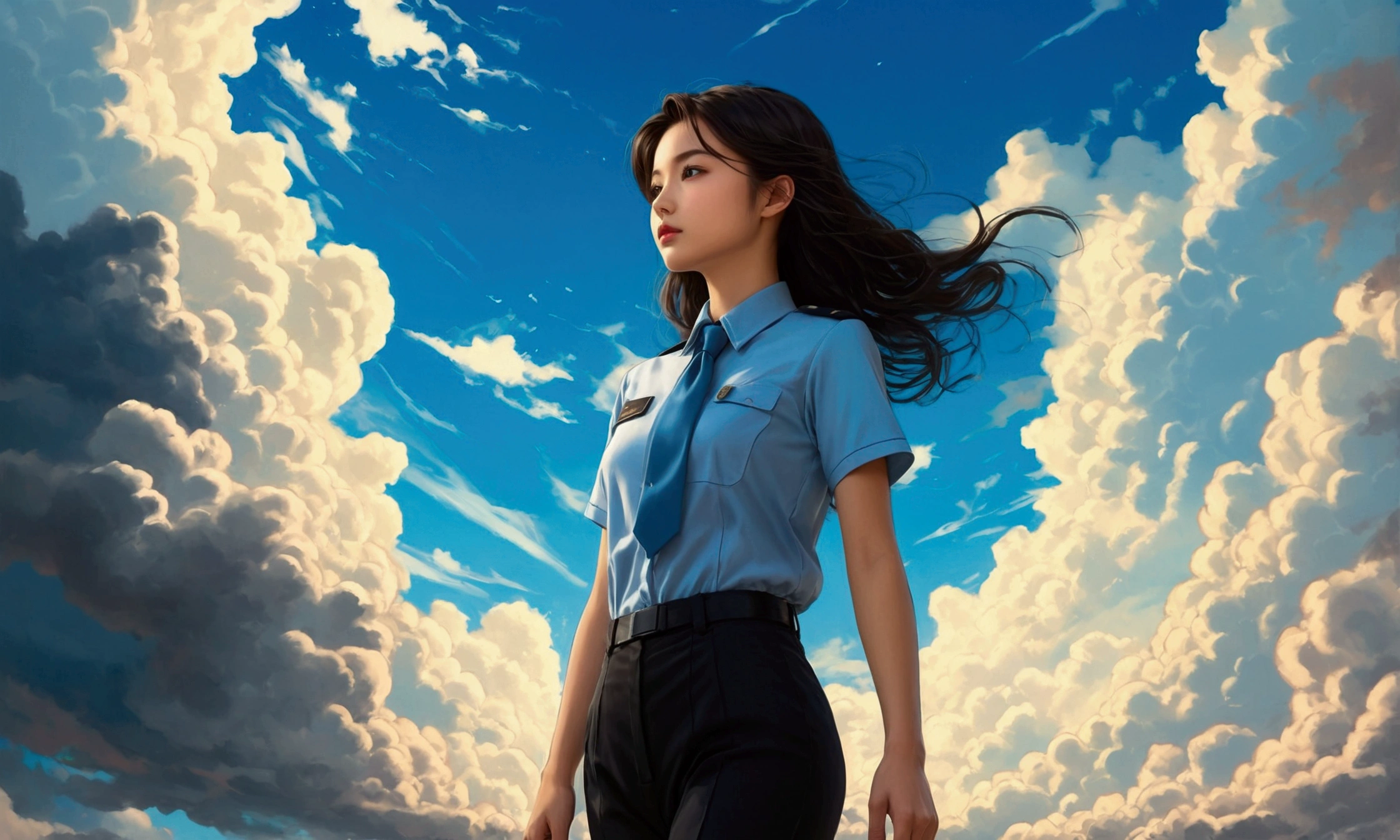 Young college girl in uniform, sky blue uniform top and tight black formal pants, picturesque background and radiant clouds, surrealism, akira style. detailed line art. fine details.