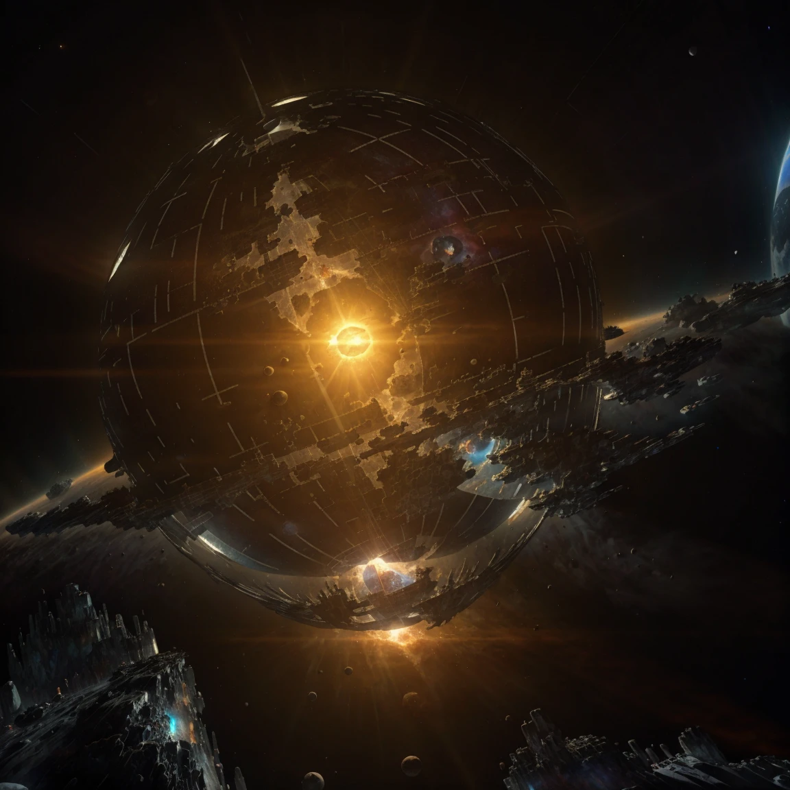 a dyson sphere in space, planet earth, glowing sun, detailed planetary surface, solar system, vast cosmic landscape, detailed architecture, organic curves, futuristic design, cinematic lighting, dramatic atmosphere, volumetric fog, vibrant colors, dynamic composition, photorealistic, high resolution, 8k, ultra-detailed, masterpiece