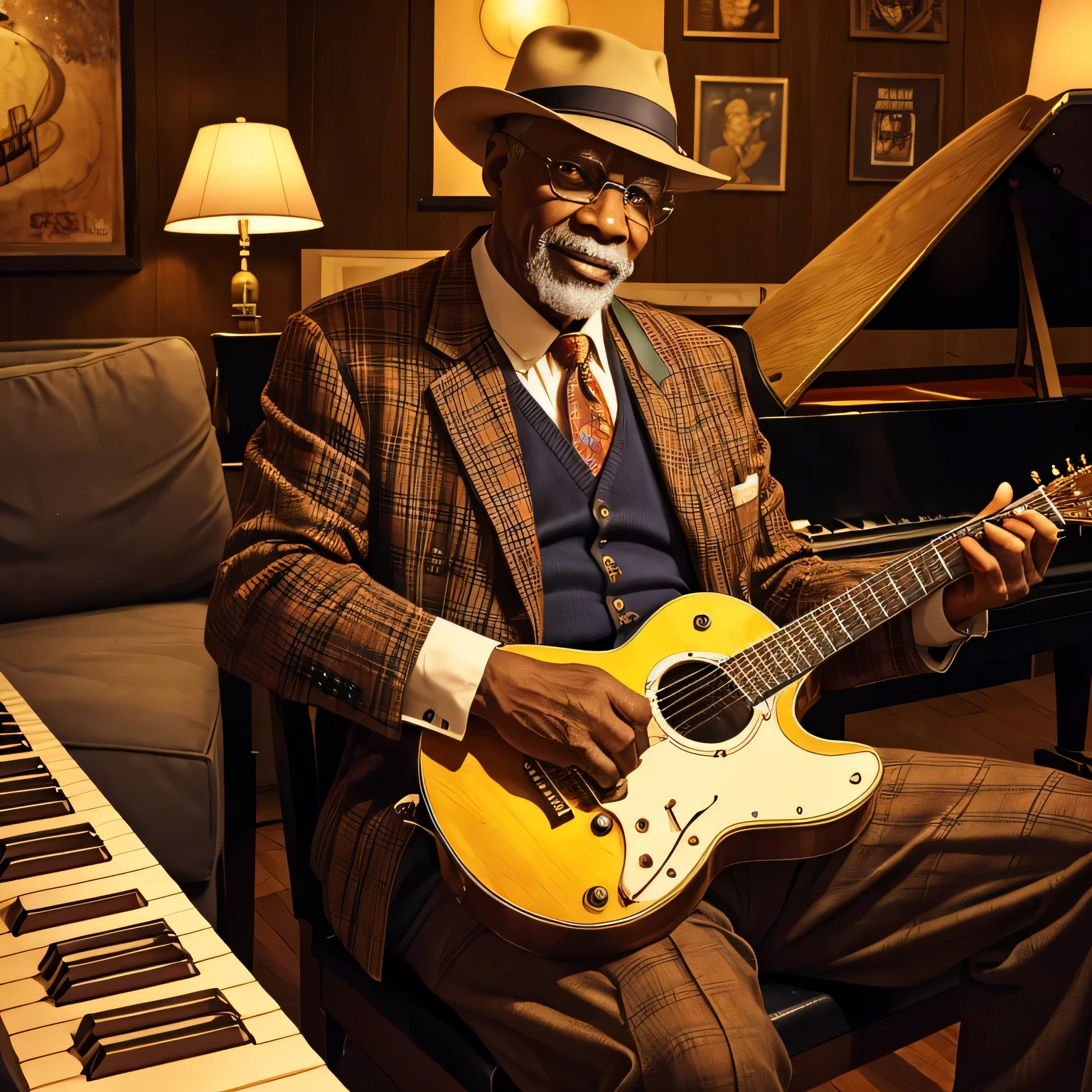 An elderly African-American man wearing a vintage brown plaid suit and a matching fedora, playing an electric guitar with focus and emotion. The setting is a cozy jazz lounge, with warm golden bokeh lights in the background. He is seated near a grand piano, with music sheets visible on the piano stand. The atmosphere is intimate and nostalgic, reflecting the golden era of jazz. His guitar has a classic vintage design with a glossy finish, and his fingers are skillfully strumming the strings.”
