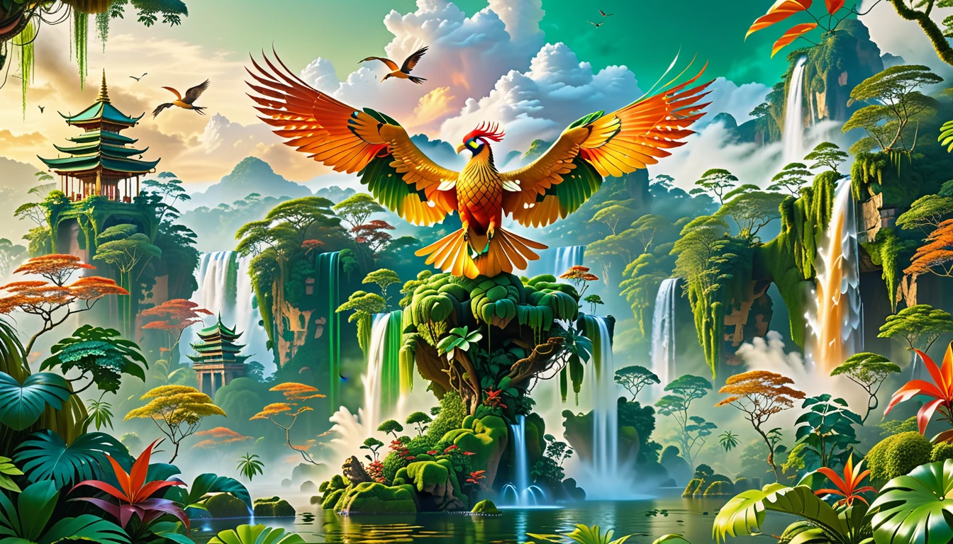 A Masterpiece In 32K Resolution, Supreme Quality, Super Detail, Official Art, Very High-Resolution 32K Wallpaper, Beautiful And Aesthetic, Ultra-Detailed Features, Awe-Inspiring Detail. Floating Islands Hover Above A Dense, Vibrant Rainforest. Waterfalls Spill Into The Thick Greenery Below, Where Exotic Animals Roam Freely. The Sky Is Painted With Shades Of Green And Gold, And Vines Hang From The Floating Islands. In The Distance, A Towering Temple Made Of Moss-Covered Stone Rises From The Jungle. A Majestic Phoenix With Radiant And The Long Tail, Fiery Plumage Soars Gracefully Across The Sky, Its Wings Shimmering With Gold And Crimson Hues As It Glides Above The Treetops.