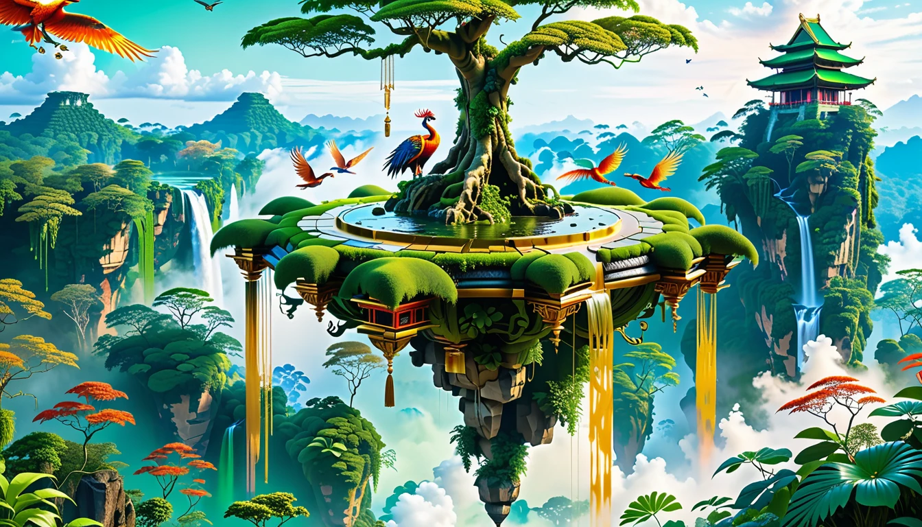 A Masterpiece In 32K Resolution, Supreme Quality, Super Detail, Official Art, Very High-Resolution 32K Wallpaper, Beautiful And Aesthetic, Ultra-Detailed Features, Awe-Inspiring Detail. Floating Islands Hover Above A Dense, Vibrant Rainforest. Waterfalls Spill Into The Thick Greenery Below, Where Exotic Animals Roam Freely. The Sky Is Painted With Shades Of Green And Gold, And Vines Hang From The Floating Islands. In The Distance, A Towering Temple Made Of Moss-Covered Stone Rises From The Jungle. A Majestic Phoenix With Radiant And The Long Tail, Fiery Plumage Soars Gracefully Across The Sky, Its Wings Shimmering With Gold And Crimson Hues As It Glides Above The Treetops.