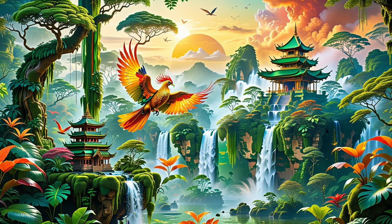 A Masterpiece In 32K Resolution, Supreme Quality, Super Detail, Official Art, Very High-Resolution 32K Wallpaper, Beautiful And Aesthetic, Ultra-Detailed Features, Awe-Inspiring Detail. Floating Islands Hover Above A Dense, Vibrant Rainforest. Waterfalls Spill Into The Thick Greenery Below, Where Exotic Animals Roam Freely. The Sky Is Painted With Shades Of Green And Gold, And Vines Hang From The Floating Islands. In The Distance, A Towering Temple Made Of Moss-Covered Stone Rises From The Jungle. A Majestic Phoenix With Radiant And The Long Tail, Fiery Plumage Soars Gracefully Across The Sky, Its Wings Shimmering With Gold And Crimson Hues As It Glides Above The Treetops.