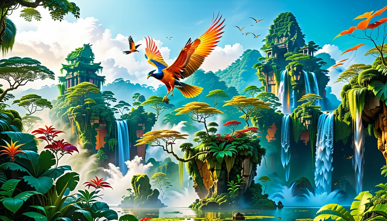 A Masterpiece In 32K Resolution, Supreme Quality, Super Detail, Official Art, Very High-Resolution 32K Wallpaper, Beautiful And Aesthetic, Ultra-Detailed Features, Awe-Inspiring Detail. Floating Islands Hover Above A Dense, Vibrant Rainforest. Waterfalls Spill Into The Thick Greenery Below, Where Exotic Animals Roam Freely. The Sky Is Painted With Shades Of Green And Gold, And Vines Hang From The Floating Islands. In The Distance, A Towering Temple Made Of Moss-Covered Stone Rises From The Jungle. A Majestic Phoenix With Radiant And The Long Tail, Fiery Plumage Soars Gracefully Across The Sky, Its Wings Shimmering With Gold And Crimson Hues As It Glides Above The Treetops.