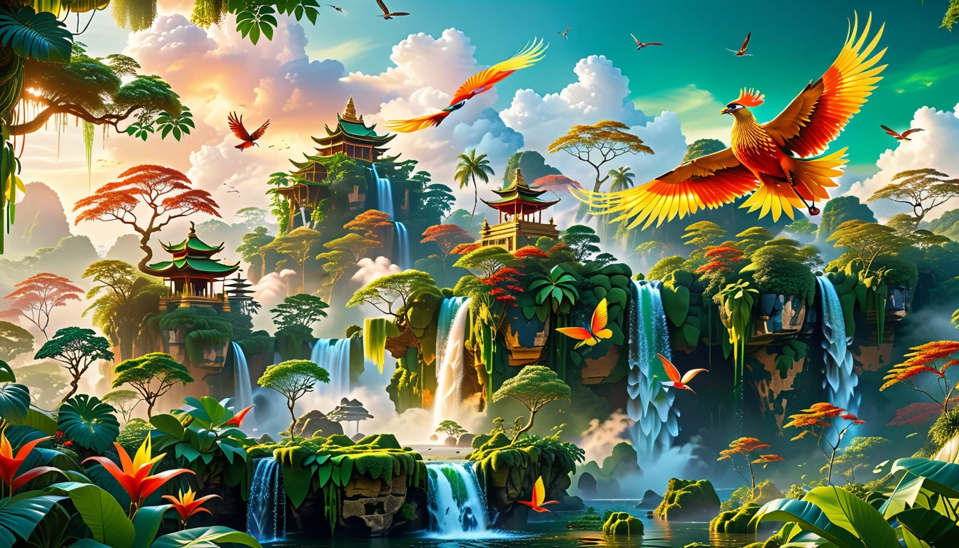 A Masterpiece In 32K Resolution, Supreme Quality, Super Detail, Official Art, Very High-Resolution 32K Wallpaper, Beautiful And Aesthetic, Ultra-Detailed Features, Awe-Inspiring Detail. Floating Islands Hover Above A Dense, Vibrant Rainforest. Waterfalls Spill Into The Thick Greenery Below, Where Exotic Animals Roam Freely. The Sky Is Painted With Shades Of Green And Gold, And Vines Hang From The Floating Islands. In The Distance, A Towering Temple Made Of Moss-Covered Stone Rises From The Jungle. A Majestic Phoenix With Radiant And The Long Tail, Fiery Plumage Soars Gracefully Across The Sky, Its Wings Shimmering With Gold And Crimson Hues As It Glides Above The Treetops.