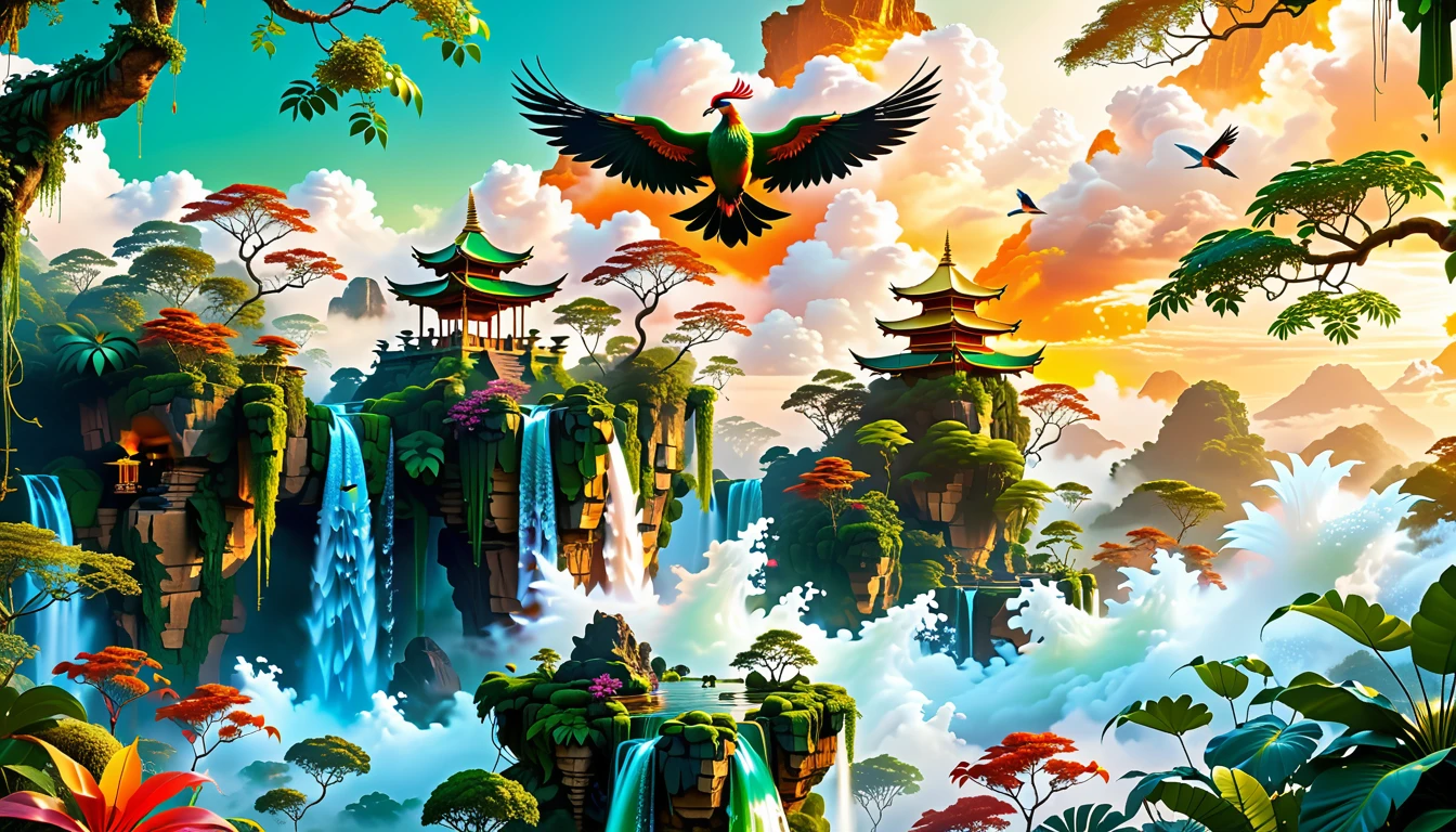 A Masterpiece In 32K Resolution, Supreme Quality, Super Detail, Official Art, Very High-Resolution 32K Wallpaper, Beautiful And Aesthetic, Ultra-Detailed Features, Awe-Inspiring Detail. Floating Islands Hover Above A Dense, Vibrant Rainforest. Waterfalls Spill Into The Thick Greenery Below, Where Exotic Animals Roam Freely. The Sky Is Painted With Shades Of Green And Gold, And Vines Hang From The Floating Islands. In The Distance, A Towering Temple Made Of Moss-Covered Stone Rises From The Jungle. A Majestic Phoenix With Radiant And The Long Tail, Fiery Plumage Soars Gracefully Across The Sky, Its Wings Shimmering With Gold And Crimson Hues As It Glides Above The Treetops.