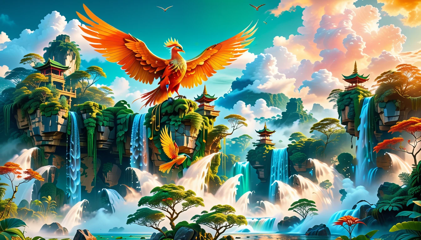 A Masterpiece In 32K Resolution, Supreme Quality, Super Detail, Official Art, Very High-Resolution 32K Wallpaper, Beautiful And Aesthetic, Ultra-Detailed Features, Awe-Inspiring Detail. Floating Islands Hover Above A Dense, Vibrant Rainforest. Waterfalls Spill Into The Thick Greenery Below, Where Exotic Animals Roam Freely. The Sky Is Painted With Shades Of Green And Gold, And Vines Hang From The Floating Islands. In The Distance, A Towering Temple Made Of Moss-Covered Stone Rises From The Jungle. A Majestic Phoenix With Radiant And The Long Tail, Fiery Plumage Soars Gracefully Across The Sky, Its Wings Shimmering With Gold And Crimson Hues As It Glides Above The Treetops.