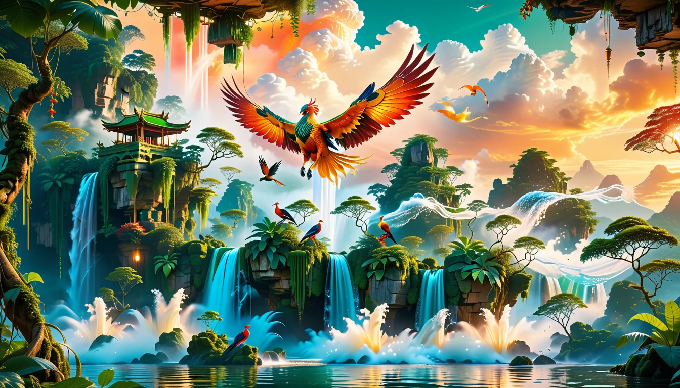 A Masterpiece In 32K Resolution, Supreme Quality, Super Detail, Official Art, Very High-Resolution 32K Wallpaper, Beautiful And Aesthetic, Ultra-Detailed Features, Awe-Inspiring Detail. Floating Islands Hover Above A Dense, Vibrant Rainforest. Waterfalls Spill Into The Thick Greenery Below, Where Exotic Animals Roam Freely. The Sky Is Painted With Shades Of Green And Gold, And Vines Hang From The Floating Islands. In The Distance, A Towering Temple Made Of Moss-Covered Stone Rises From The Jungle. A Majestic Phoenix With Radiant And The Long Tail, Fiery Plumage Soars Gracefully Across The Sky, Its Wings Shimmering With Gold And Crimson Hues As It Glides Above The Treetops.