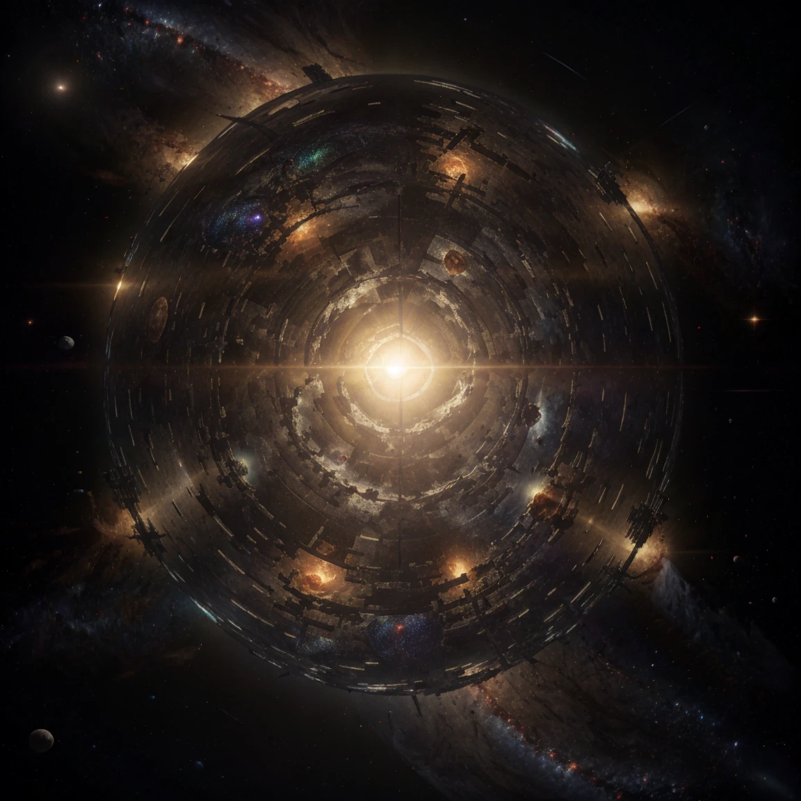 a dyson sphere in space, planet earth, glowing sun, detailed planetary surface, solar system, vast cosmic landscape, detailed architecture, organic curves, futuristic design, cinematic lighting, dramatic atmosphere, volumetric fog, vibrant colors, dynamic composition, photorealistic, high resolution, 8k, ultra-detailed, masterpiece