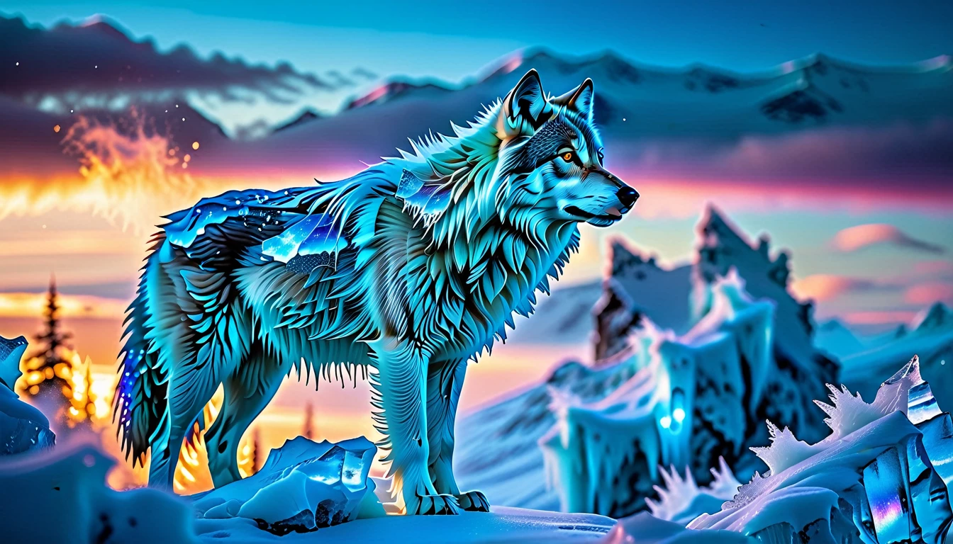 A Masterpiece In 32K Resolution, Supreme Quality, Super Detail, Official Art, Very High-Resolution 32K Wallpaper. Icy And Pristine, Ultra-Detailed Features. Majestic Glaciers And Snow-Covered Peaks Stretch Across The Horizon, Glowing With Ethereal Light. Ice Castles With Crystalline Spires Stand Tall, Shimmering Under The Northern Lights. Frozen Rivers And Frost-Covered Forests Form A Magical, Frozen Landscape Where Every Breath Creates Clouds Of Frosty Mist. A Majestic Wolf With Iridescent Fur Stands Proudly, Its Form Glowing In The Ethereal Light, Creating A Striking Contrast Against The Icy Landscape, Embodying The Spirit Of This Magical Realm.