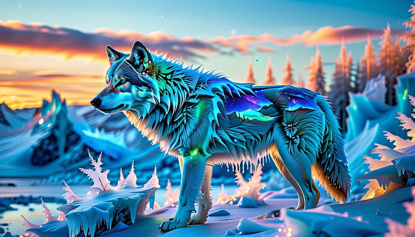 A Masterpiece In 32K Resolution, Supreme Quality, Super Detail, Official Art, Very High-Resolution 32K Wallpaper. Icy And Pristine, Ultra-Detailed Features. Majestic Glaciers And Snow-Covered Peaks Stretch Across The Horizon, Glowing With Ethereal Light. Ice Castles With Crystalline Spires Stand Tall, Shimmering Under The Northern Lights. Frozen Rivers And Frost-Covered Forests Form A Magical, Frozen Landscape Where Every Breath Creates Clouds Of Frosty Mist. A Majestic Wolf With Iridescent Fur Stands Proudly, Its Form Glowing In The Ethereal Light, Creating A Striking Contrast Against The Icy Landscape, Embodying The Spirit Of This Magical Realm.