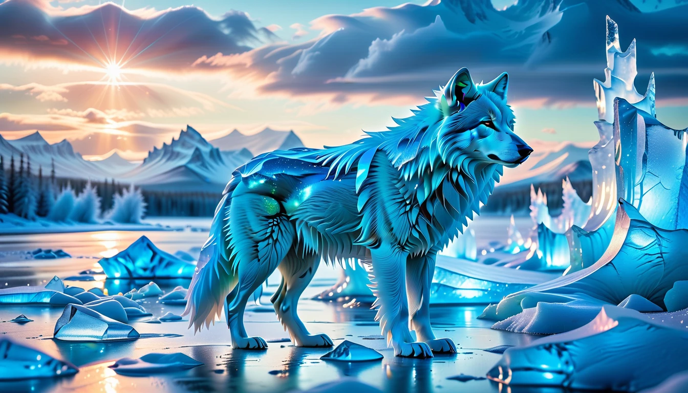 A Masterpiece In 32K Resolution, Supreme Quality, Super Detail, Official Art, Very High-Resolution 32K Wallpaper. Icy And Pristine, Ultra-Detailed Features. Majestic Glaciers And Snow-Covered Peaks Stretch Across The Horizon, Glowing With Ethereal Light. Ice Castles With Crystalline Spires Stand Tall, Shimmering Under The Northern Lights. Frozen Rivers And Frost-Covered Forests Form A Magical, Frozen Landscape Where Every Breath Creates Clouds Of Frosty Mist. A Majestic Wolf With Stands Proudly, Its Form Glowing In The Ethereal Light, Creating A Striking Contrast Against The Icy Landscape, Embodying The Spirit Of This Magical Realm.