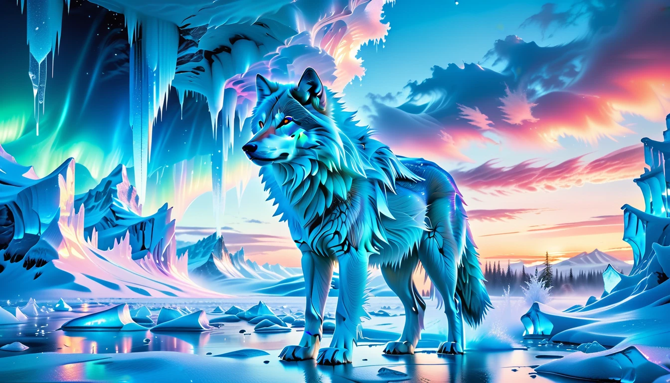 A Masterpiece In 32K Resolution, Supreme Quality, Super Detail, Official Art, Very High-Resolution 32K Wallpaper. Icy And Pristine, Ultra-Detailed Features. Majestic Glaciers And Snow-Covered Peaks Stretch Across The Horizon, Glowing With Ethereal Light. Ice Castles With Crystalline Spires Stand Tall, Shimmering Under The Northern Lights. Frozen Rivers And Frost-Covered Forests Form A Magical, Frozen Landscape Where Every Breath Creates Clouds Of Frosty Mist. A Majestic Wolf With Stands Proudly, Its Form Glowing In The Ethereal Light, Creating A Striking Contrast Against The Icy Landscape, Embodying The Spirit Of This Magical Realm.