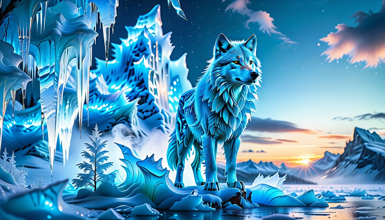 A Masterpiece In 32K Resolution, Supreme Quality, Super Detail, Official Art, Very High-Resolution 32K Wallpaper. Icy And Pristine, Ultra-Detailed Features. Majestic Glaciers And Snow-Covered Peaks Stretch Across The Horizon, Glowing With Ethereal Light. Ice Castles With Crystalline Spires Stand Tall, Shimmering Under The Northern Lights. Frozen Rivers And Frost-Covered Forests Form A Magical, Frozen Landscape Where Every Breath Creates Clouds Of Frosty Mist. A Majestic Wolf With Stands Proudly, Its Form Glowing In The Ethereal Light, Creating A Striking Contrast Against The Icy Landscape, Embodying The Spirit Of This Magical Realm.