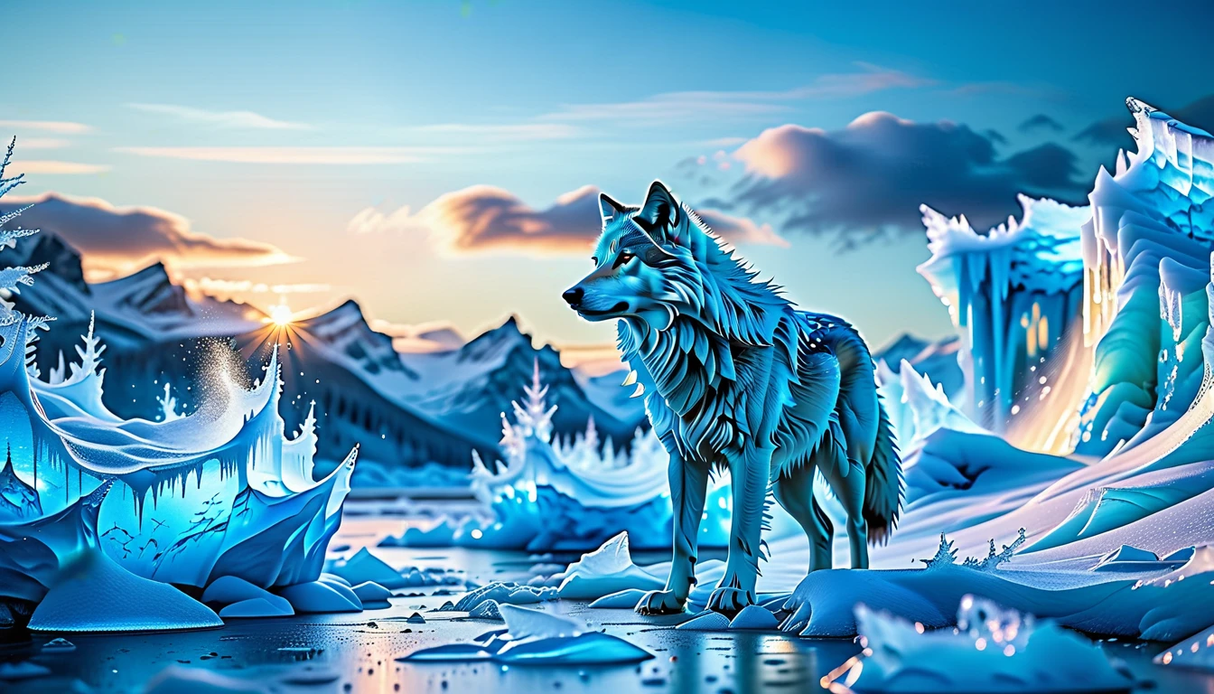 A Masterpiece In 32K Resolution, Supreme Quality, Super Detail, Official Art, Very High-Resolution 32K Wallpaper. Icy And Pristine, Ultra-Detailed Features. Majestic Glaciers And Snow-Covered Peaks Stretch Across The Horizon, Glowing With Ethereal Light. Ice Castles With Crystalline Spires Stand Tall, Shimmering Under The Northern Lights. Frozen Rivers And Frost-Covered Forests Form A Magical, Frozen Landscape Where Every Breath Creates Clouds Of Frosty Mist. A Majestic Wolf With Stands Proudly, Its Form Glowing In The Ethereal Light, Creating A Striking Contrast Against The Icy Landscape, Embodying The Spirit Of This Magical Realm.