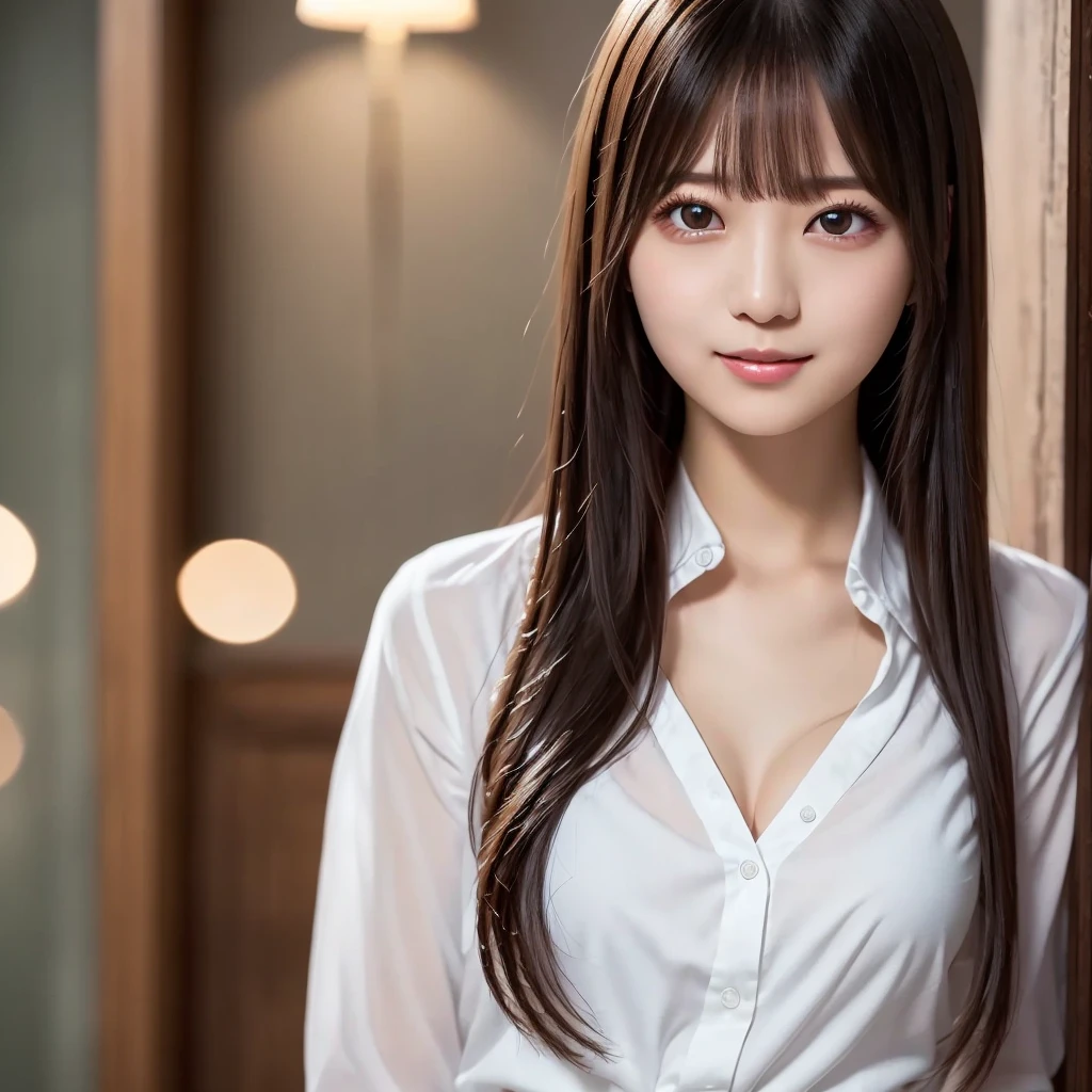 White shirt, 複雑でbeautiful目, woman, womanらしい黒髪, (Delicate and realistic hair, 1 1 Realistic Hair), bangs, Natural color lips, smile, ((white indoor)), indoor, (18 year old woman: 1. 2), Young and adorable Japanese face, Official Art, High resolution CG Unity 8k 壁紙, (masterpiece: 1.0) , (Best Quality: 1. 0), (Best Quality: 1. 0), Ultra High resolution,4K,Very detailed,photograph,8k,NFFSW,High resolution,Kodak Portrait 400,Film Grain,Lens Flare グロー,Best Quality,8k,NFFSW:1. 2),Portrait Shot,8k,Show Viewer, ((( front))),((masterpiece)), ((Best Quality)), (Super detailed), ((cute)), cute, (Nice), ((sexy)), ((Very detailedな)), (Detailed clothing features), 4K, (8k), (beautiful), Illustration, beautiful日本人のwoman, ((woman1名)), beautiful black hair, (long hair:1.2), ((beautiful eyes)), smile, School, evening, Lens Flare, Shiny, (((front図))), (((front図))), ((Facing))、((Focus on the head)), bangs、From the neck up