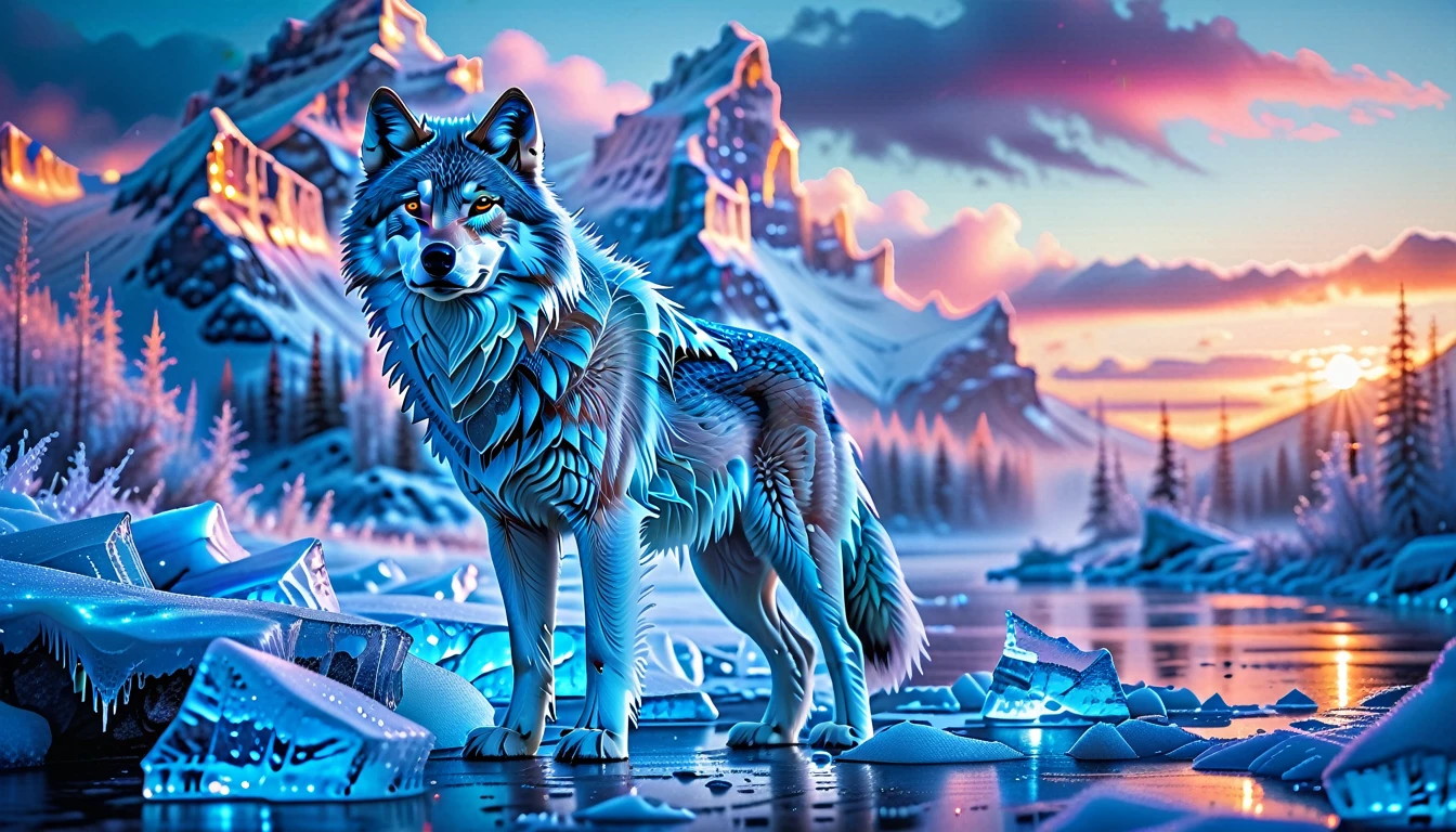 A Masterpiece In 32K Resolution, Supreme Quality, Super Detail, Official Art, Very High-Resolution 32K Wallpaper. Icy And Pristine, Ultra-Detailed Features. Majestic Glaciers And Snow-Covered Peaks Stretch Across The Horizon, Glowing With Ethereal Light. Ice Castles With Crystalline Spires Stand Tall, Shimmering Under The Northern Lights. Frozen Rivers And Frost-Covered Forests Form A Magical, Frozen Landscape Where Every Breath Creates Clouds Of Frosty Mist. A Majestic Wolf With Stands Proudly, Its Form Glowing In The Ethereal Light, Creating A Striking Contrast Against The Icy Landscape, Embodying The Spirit Of This Magical Realm.