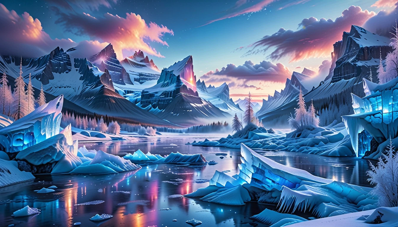 A Masterpiece In 32K Resolution, Supreme Quality, Super Detail, Official Art, Very High-Resolution 32K Wallpaper. Icy And Pristine, Ultra-Detailed Features. Majestic Glaciers And Snow-Covered Peaks Stretch Across The Horizon, Glowing With Ethereal Light. Ice Castles With Crystalline Spires Stand Tall, Shimmering Under The Northern Lights. Frozen Rivers And Frost-Covered Forests Form A Magical, Frozen Landscape Where Every Breath Creates Clouds Of Frosty Mist. A Majestic Wolf With Stands Proudly, Its Form Glowing In The Ethereal Light, Creating A Striking Contrast Against The Icy Landscape, Embodying The Spirit Of This Magical Realm.