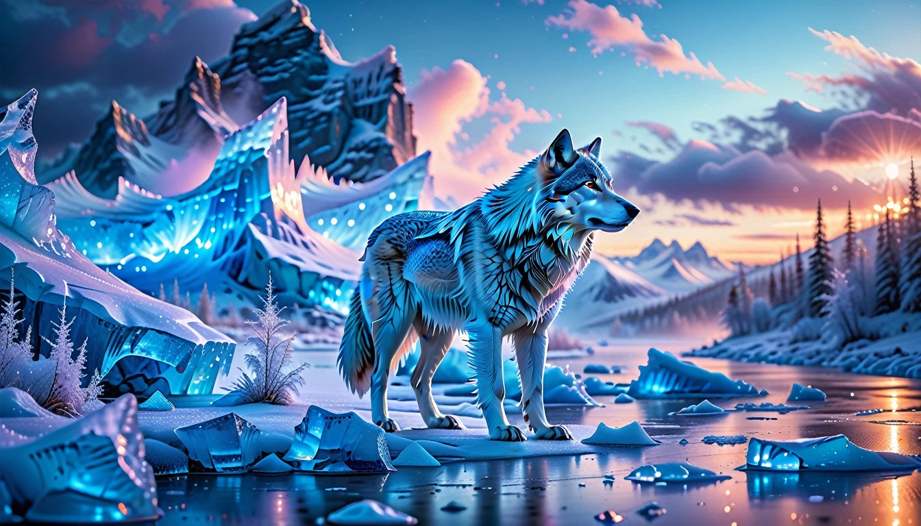 A Masterpiece In 32K Resolution, Supreme Quality, Super Detail, Official Art, Very High-Resolution 32K Wallpaper. Icy And Pristine, Ultra-Detailed Features. Majestic Glaciers And Snow-Covered Peaks Stretch Across The Horizon, Glowing With Ethereal Light. Ice Castles With Crystalline Spires Stand Tall, Shimmering Under The Northern Lights. Frozen Rivers And Frost-Covered Forests Form A Magical, Frozen Landscape Where Every Breath Creates Clouds Of Frosty Mist. A Majestic Wolf With Stands Proudly, Its Form Glowing In The Ethereal Light, Creating A Striking Contrast Against The Icy Landscape, Embodying The Spirit Of This Magical Realm.