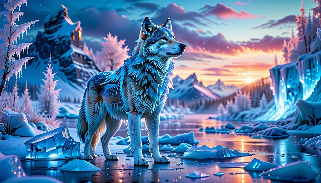 A Masterpiece In 32K Resolution, Supreme Quality, Super Detail, Official Art, Very High-Resolution 32K Wallpaper. Icy And Pristine, Ultra-Detailed Features. Majestic Glaciers And Snow-Covered Peaks Stretch Across The Horizon, Glowing With Ethereal Light. Ice Castles With Crystalline Spires Stand Tall, Shimmering Under The Northern Lights. Frozen Rivers And Frost-Covered Forests Form A Magical, Frozen Landscape Where Every Breath Creates Clouds Of Frosty Mist. A Majestic Wolf With Stands Proudly, Its Form Glowing In The Ethereal Light, Creating A Striking Contrast Against The Icy Landscape, Embodying The Spirit Of This Magical Realm.