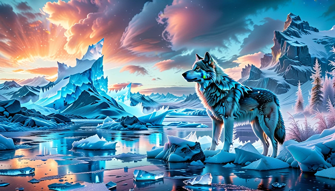 A Masterpiece In 32K Resolution, Supreme Quality, Super Detail, Official Art, Very High-Resolution 32K Wallpaper. Icy And Pristine, Ultra-Detailed Features. Majestic Glaciers And Snow-Covered Peaks Stretch Across The Horizon, Glowing With Ethereal Light. Ice Castles With Crystalline Spires Stand Tall, Shimmering Under The Northern Lights. Frozen Rivers And Frost-Covered Forests Form A Magical, Frozen Landscape Where Every Breath Creates Clouds Of Frosty Mist. A Majestic Wolf With Stands Proudly, Its Form Glowing In The Ethereal Light, Creating A Striking Contrast Against The Icy Landscape, Embodying The Spirit Of This Magical Realm.