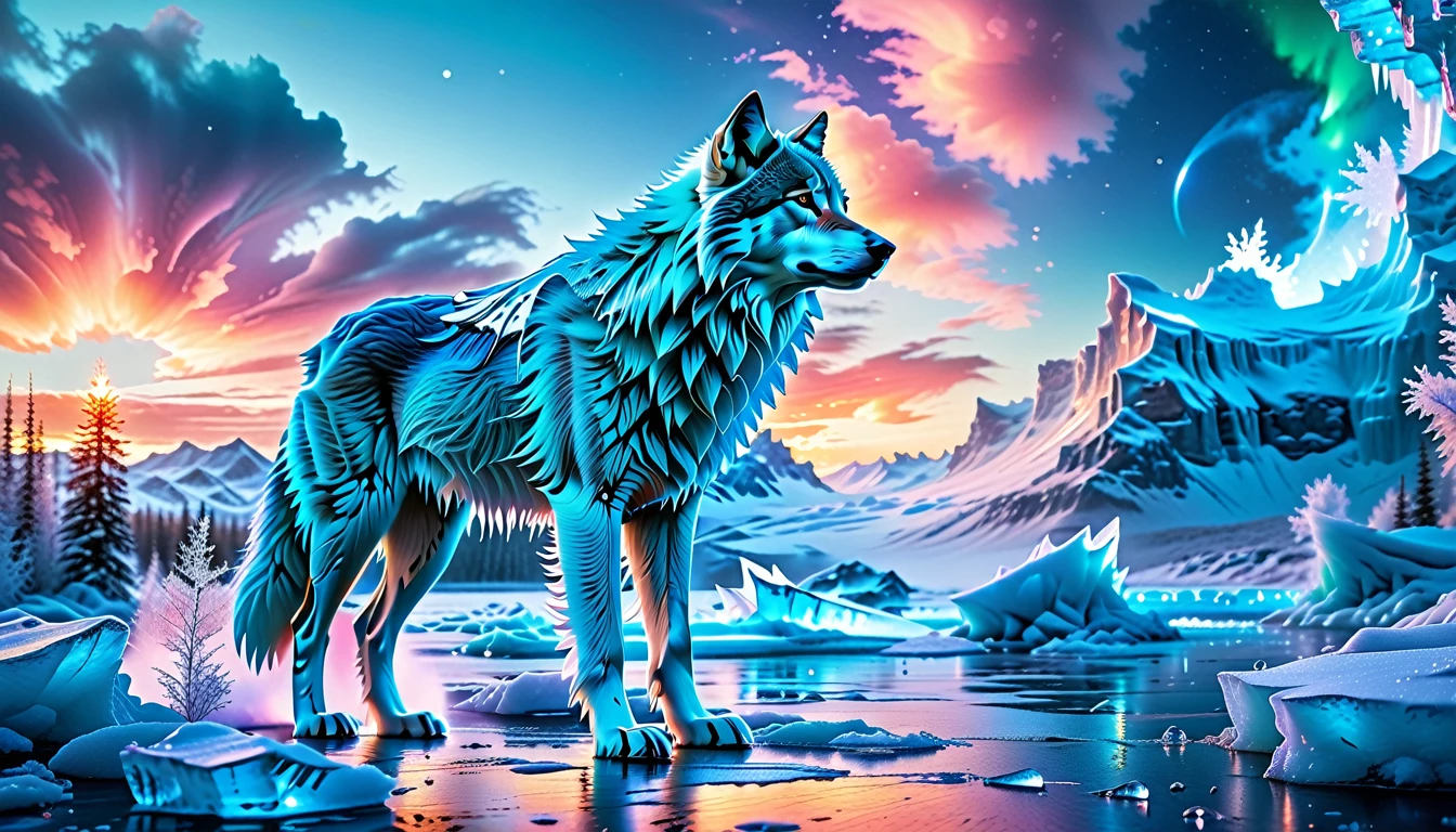 A Masterpiece In 32K Resolution, Supreme Quality, Super Detail, Official Art, Very High-Resolution 32K Wallpaper. Icy And Pristine, Ultra-Detailed Features. Majestic Glaciers And Snow-Covered Peaks Stretch Across The Horizon, Glowing With Ethereal Light. Ice Castles With Crystalline Spires Stand Tall, Shimmering Under The Northern Lights. Frozen Rivers And Frost-Covered Forests Form A Magical, Frozen Landscape Where Every Breath Creates Clouds Of Frosty Mist. A Majestic Wolf With Stands Proudly, Its Form Glowing In The Ethereal Light, Creating A Striking Contrast Against The Icy Landscape, Embodying The Spirit Of This Magical Realm.