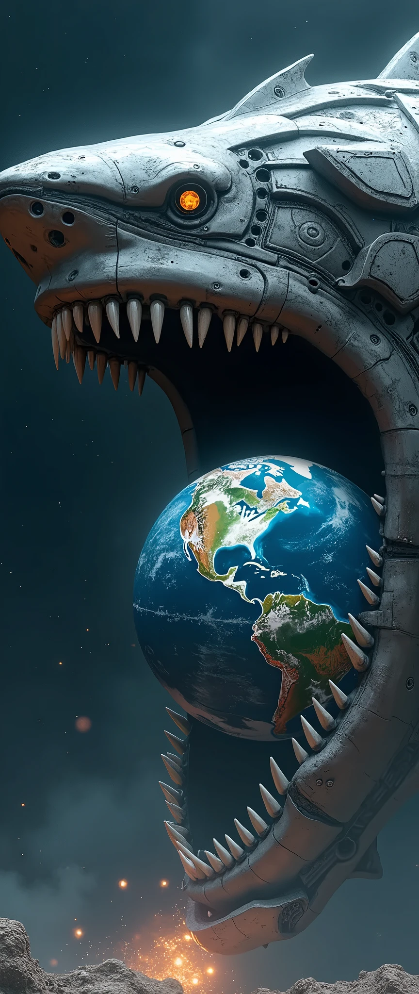 Large robot in the shape of shark is eating the earth