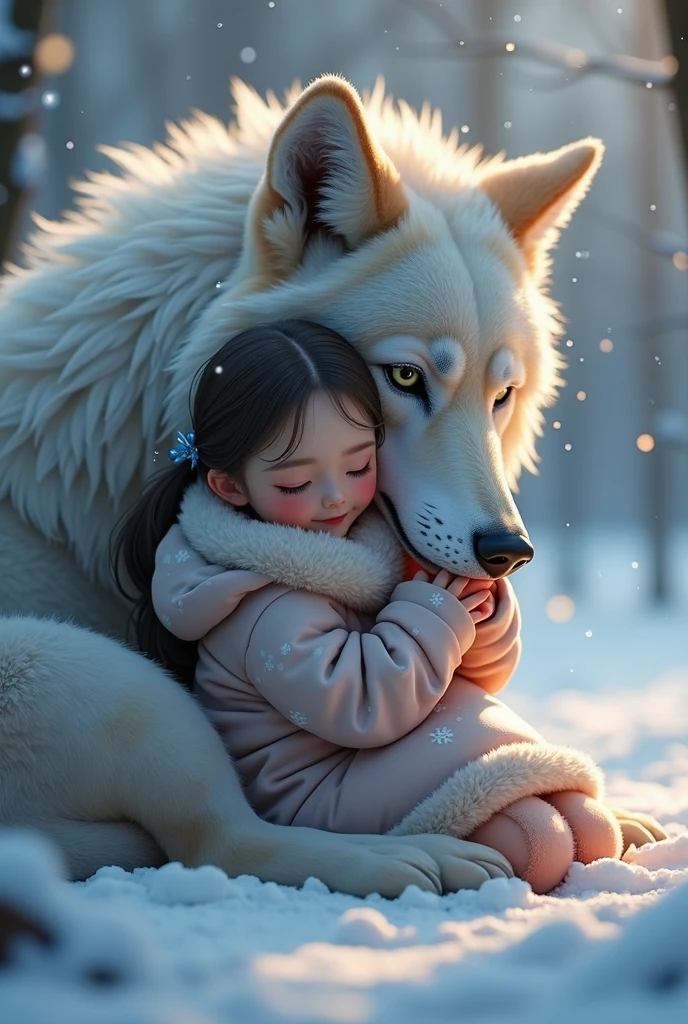 (Highly detailed CG synthetic 8k wallpaper), (masterpiece), (best quality), (best shadow), Winter theme, Beautiful and cute girl, hugging a big wolf, the girl hugged the wolf's face