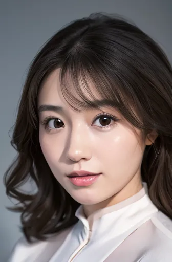 1 japanese woman,long wavy hair:1.3, light brown hair, diagonal bangs, black eyes, pale skin, thick lips, pretty face:1.2, cute ...