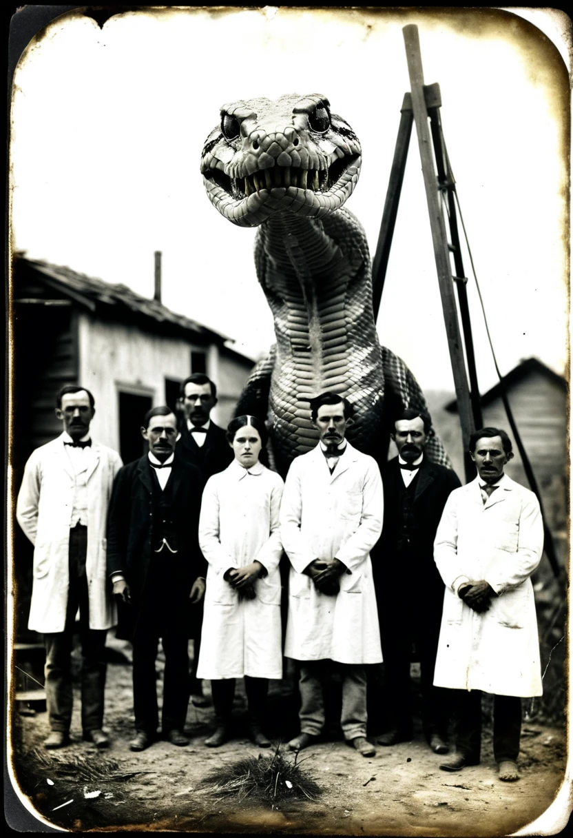 a daguerreotype photo taken outdoors in a village with davage looking natives standing with white scientists who have glasses and white lab coats, in front of them is an animal that looks like a giant snake with a clearly human head and spikes coming out of its body. About ten matives are needed to keep the snake man under control. tintype photo, creepy photo, demonic photo, tin type, early 1900s daguerreotype, scary portrait, (best quality,4k,8k,highres,masterpiece:1.2),ultra-detailed,(realistic,photorealistic,photo-realistic:1.37),HDR,UHD,studio lighting,sharp focus,professional,horror,gothic,dark,moody,vintage,eerie,haunting,unsettling,creepy,sinister,ominous,foreboding,chilling,macabre,nightmarish,harrowing,disturbing,amazing,realisticism,hyperrealistic, damaged photo brown and yellowed with age. Award winning image, masterpiece 