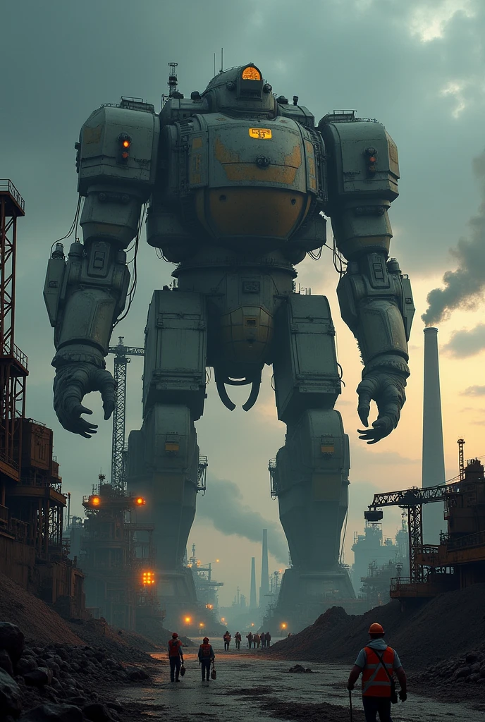 Generate an image of a massive industrial facility at dusk, filled with towering heavy machinery. Huge cranes, excavators, and mechanical arms dominate the scene, casting long shadows under dramatic lighting. Smoke rises from distant chimneys, creating a gritty, atmospheric backdrop. The machinery is detailed, with visible gears, hydraulic systems, and cables, reflecting a sense of power and complexity. Workers in safety gear, tiny in comparison, can be seen moving around the machines, emphasizing the scale. The colors of the machinery are muted metallics, with orange and yellow accents, contrasting against the dark, cloudy sky.