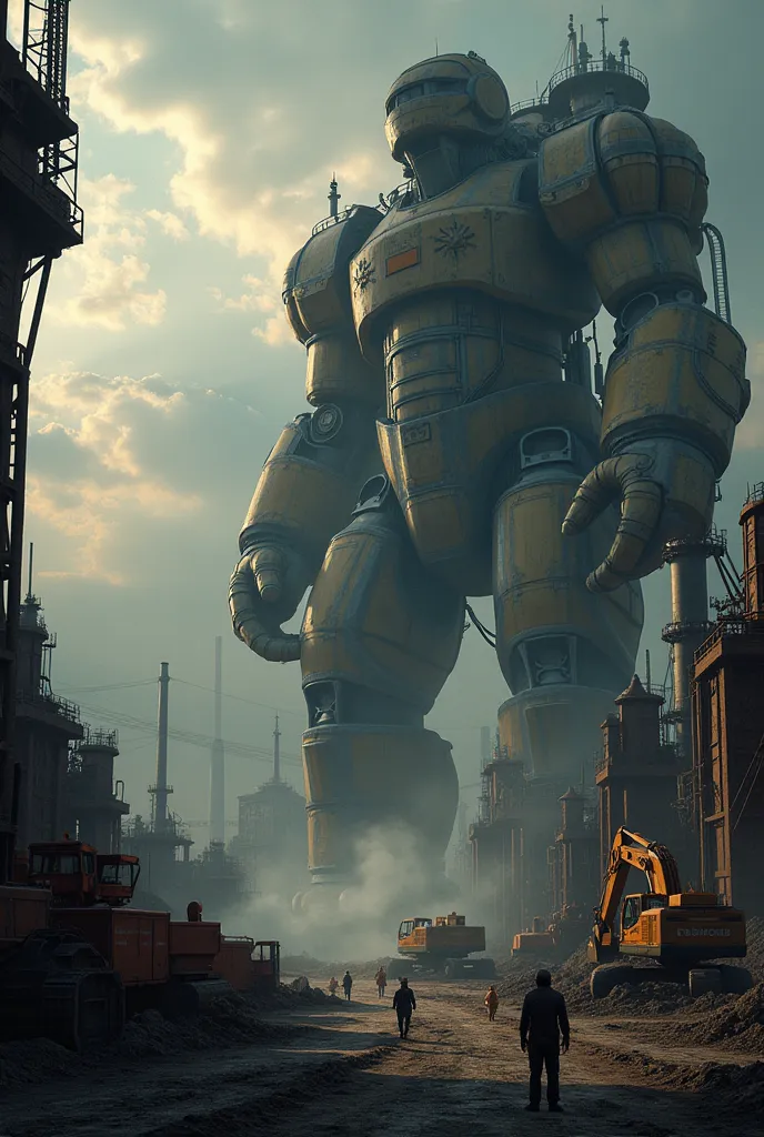 Generate an image of a massive industrial facility at dusk, filled with towering heavy machinery. Huge cranes, excavators, and mechanical arms dominate the scene, casting long shadows under dramatic lighting. Smoke rises from distant chimneys, creating a gritty, atmospheric backdrop. The machinery is detailed, with visible gears, hydraulic systems, and cables, reflecting a sense of power and complexity. Workers in safety gear, tiny in comparison, can be seen moving around the machines, emphasizing the scale. The colors of the machinery are muted metallics, with orange and yellow accents, contrasting against the dark, cloudy sky.
