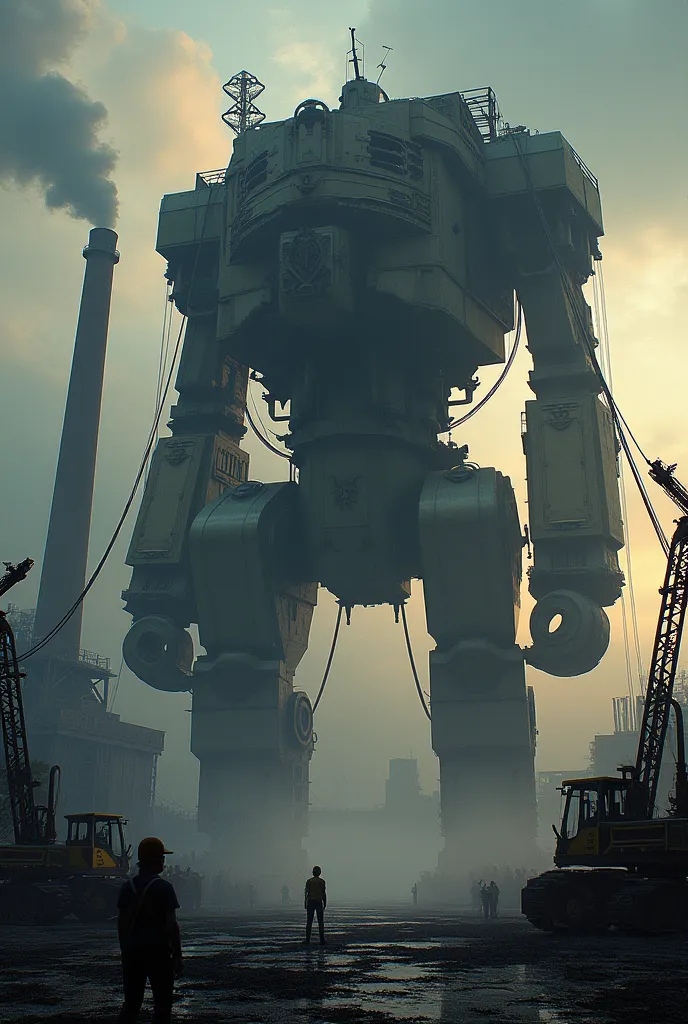 Generate an image of a massive industrial facility at dusk, filled with towering heavy machinery. Huge cranes, excavators, and mechanical arms dominate the scene, casting long shadows under dramatic lighting. Smoke rises from distant chimneys, creating a gritty, atmospheric backdrop. The machinery is detailed, with visible gears, hydraulic systems, and cables, reflecting a sense of power and complexity. Workers in safety gear, tiny in comparison, can be seen moving around the machines, emphasizing the scale. The colors of the machinery are muted metallics, with orange and yellow accents, contrasting against the dark, cloudy sky.
