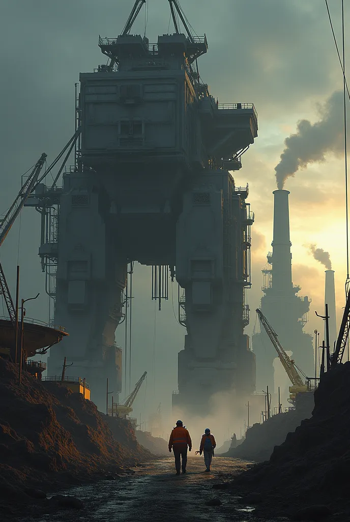 Generate an image of a massive industrial facility at dusk, filled with towering heavy machinery. Huge cranes, excavators, and mechanical arms dominate the scene, casting long shadows under dramatic lighting. Smoke rises from distant chimneys, creating a gritty, atmospheric backdrop. The machinery is detailed, with visible gears, hydraulic systems, and cables, reflecting a sense of power and complexity. Workers in safety gear, tiny in comparison, can be seen moving around the machines, emphasizing the scale. The colors of the machinery are muted metallics, with orange and yellow accents, contrasting against the dark, cloudy sky.
