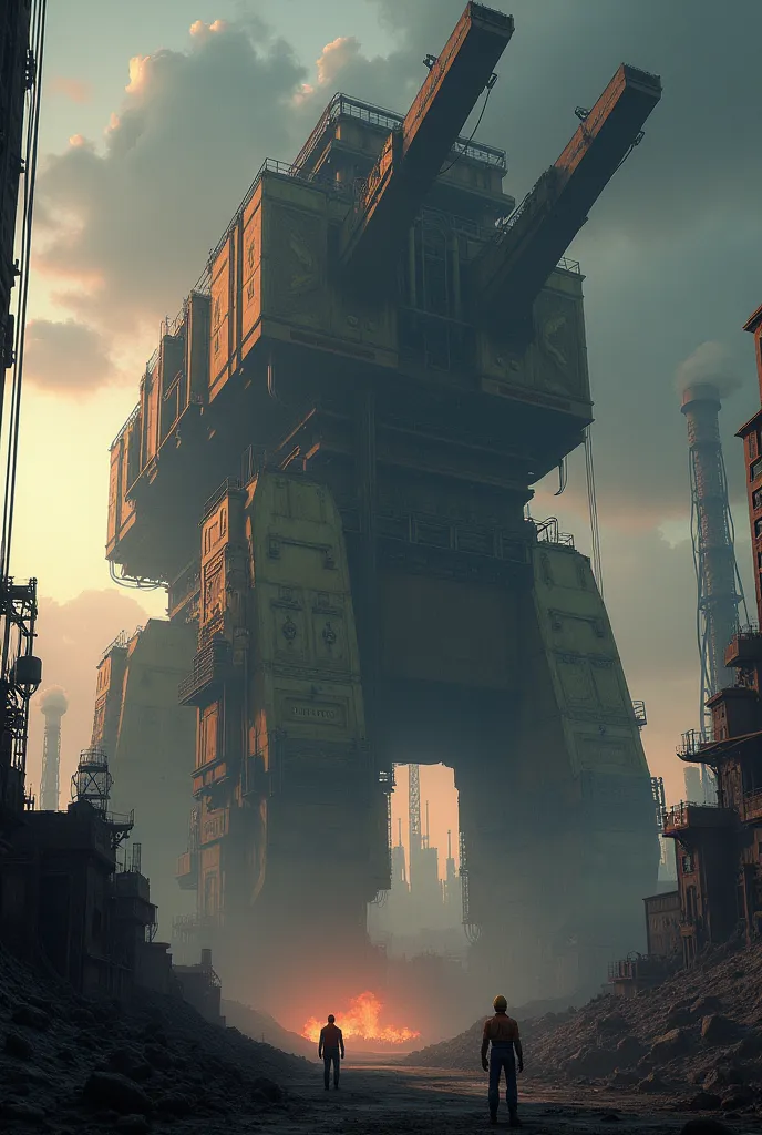 Generate an image of a massive industrial facility at dusk, filled with towering heavy machinery. Huge cranes, excavators, and mechanical arms dominate the scene, casting long shadows under dramatic lighting. Smoke rises from distant chimneys, creating a gritty, atmospheric backdrop. The machinery is detailed, with visible gears, hydraulic systems, and cables, reflecting a sense of power and complexity. Workers in safety gear, tiny in comparison, can be seen moving around the machines, emphasizing the scale. The colors of the machinery are muted metallics, with orange and yellow accents, contrasting against the dark, cloudy sky.
