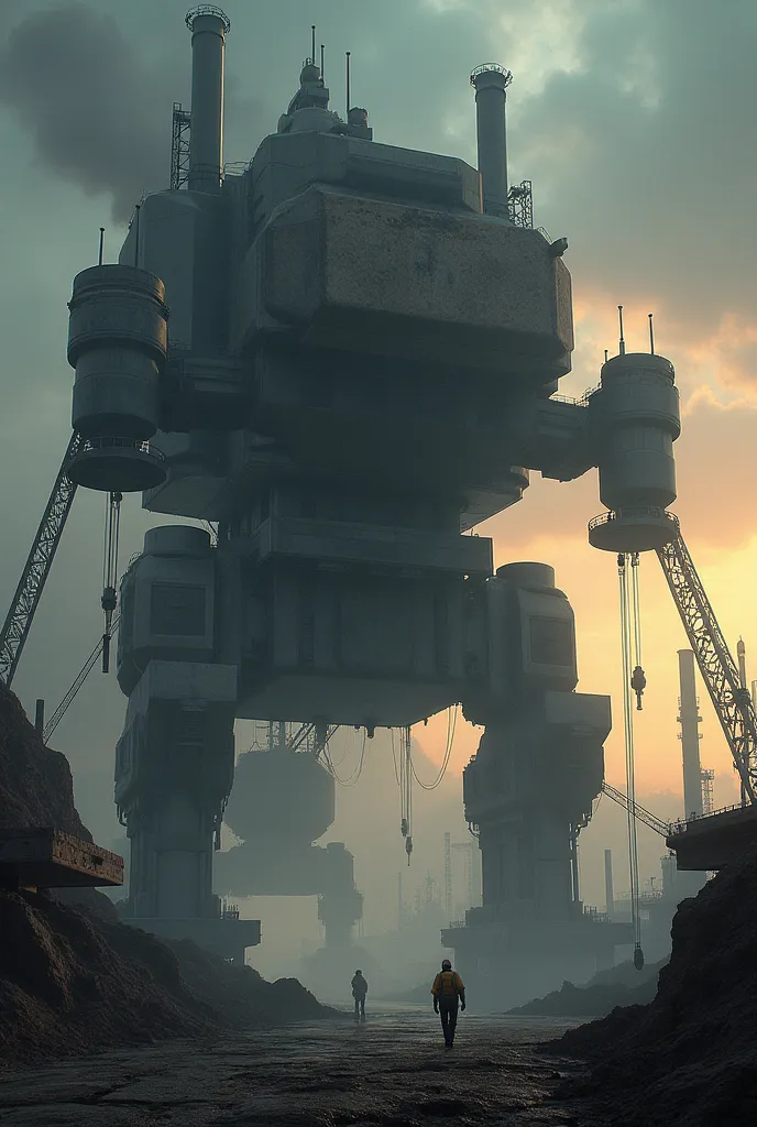 Generate an image of a massive industrial facility at dusk, filled with towering heavy machinery. Huge cranes, excavators, and mechanical arms dominate the scene, casting long shadows under dramatic lighting. Smoke rises from distant chimneys, creating a gritty, atmospheric backdrop. The machinery is detailed, with visible gears, hydraulic systems, and cables, reflecting a sense of power and complexity. Workers in safety gear, tiny in comparison, can be seen moving around the machines, emphasizing the scale. The colors of the machinery are muted metallics, with orange and yellow accents, contrasting against the dark, cloudy sky.
