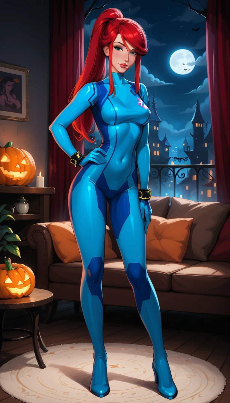 score_9, score_8_up, score_7_up, 1girl, solo, very sexy (Disney's Ariel, ar_el, fair skin, red hair, ponytail, bangs:1.4), wearing (Samus Aran costume, blue bodysuit, zero suit, full bodysuit, full coverage, bracelet, gloves, skin tight:1.5), confident, flirt, gaze, sexy look, cute smile, head tilt, filled lips, thick lips, standing, in the living room, hand on hip, feet apart, sexy pose, beautiful modern apartment, city living, (Halloween theme:1.3), night, dark, dimly lit, expressiveh d4rk01l, perfect hands, perfect proportions.