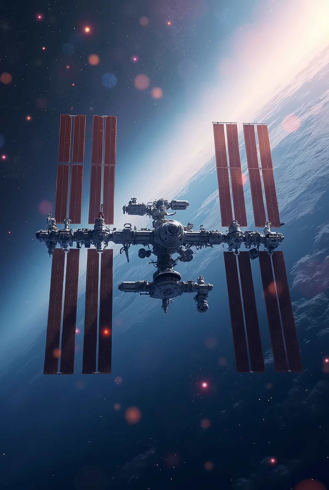 ISS, International Space Station, Earth's orbit, detailed gradation background, Fantastic Outer Space, Numerous colorful stars, colorful cosmic fog, light rays,