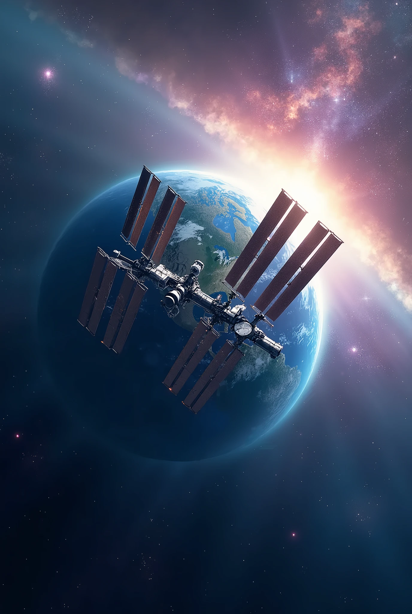 ISS, International Space Station, Earth's orbit, detailed gradation background, Fantastic Outer Space, Numerous colorful stars, colorful cosmic fog, light rays,