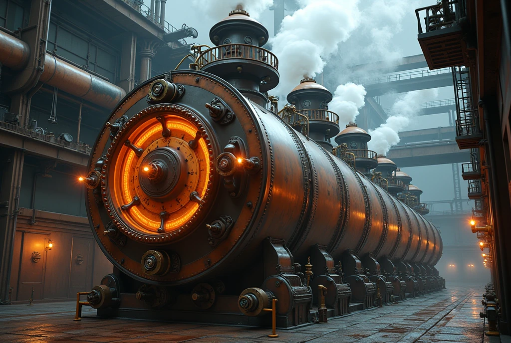 A huge steampunk inspired industrial boiler, displaying intricate pipe and valve systems with pressure dials that are venting steam, copper and stainless steel construction.