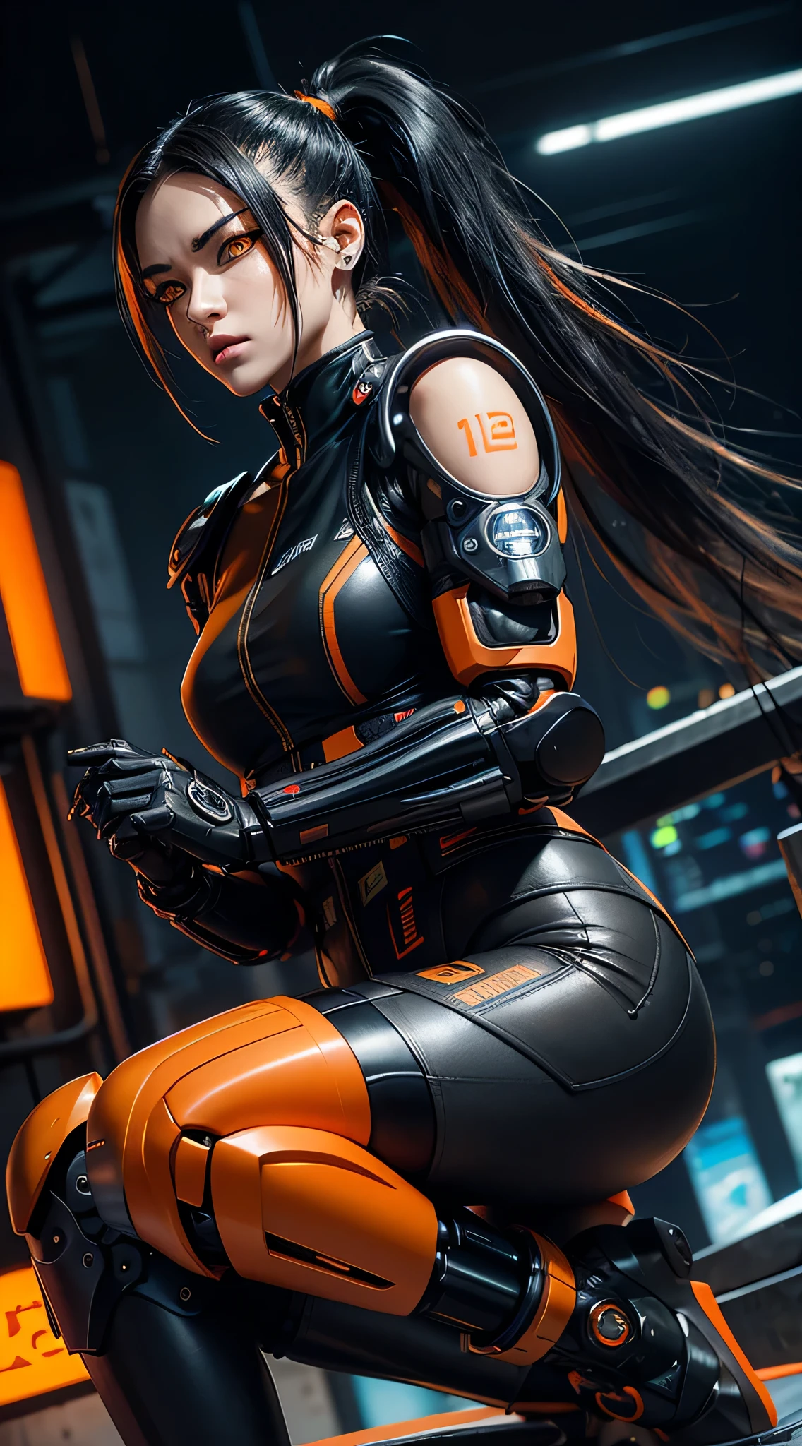 cyberpunk, female cyborg, Special ability, uniform, Mechanical Enhancement, Beleza, black hair, Japan, knee up, beautiful face, Fine body, ponytail, mechanical eyes, ((orange eyes: 1.2)), bright eyes, Prosthetic Arms, prosthetic legs