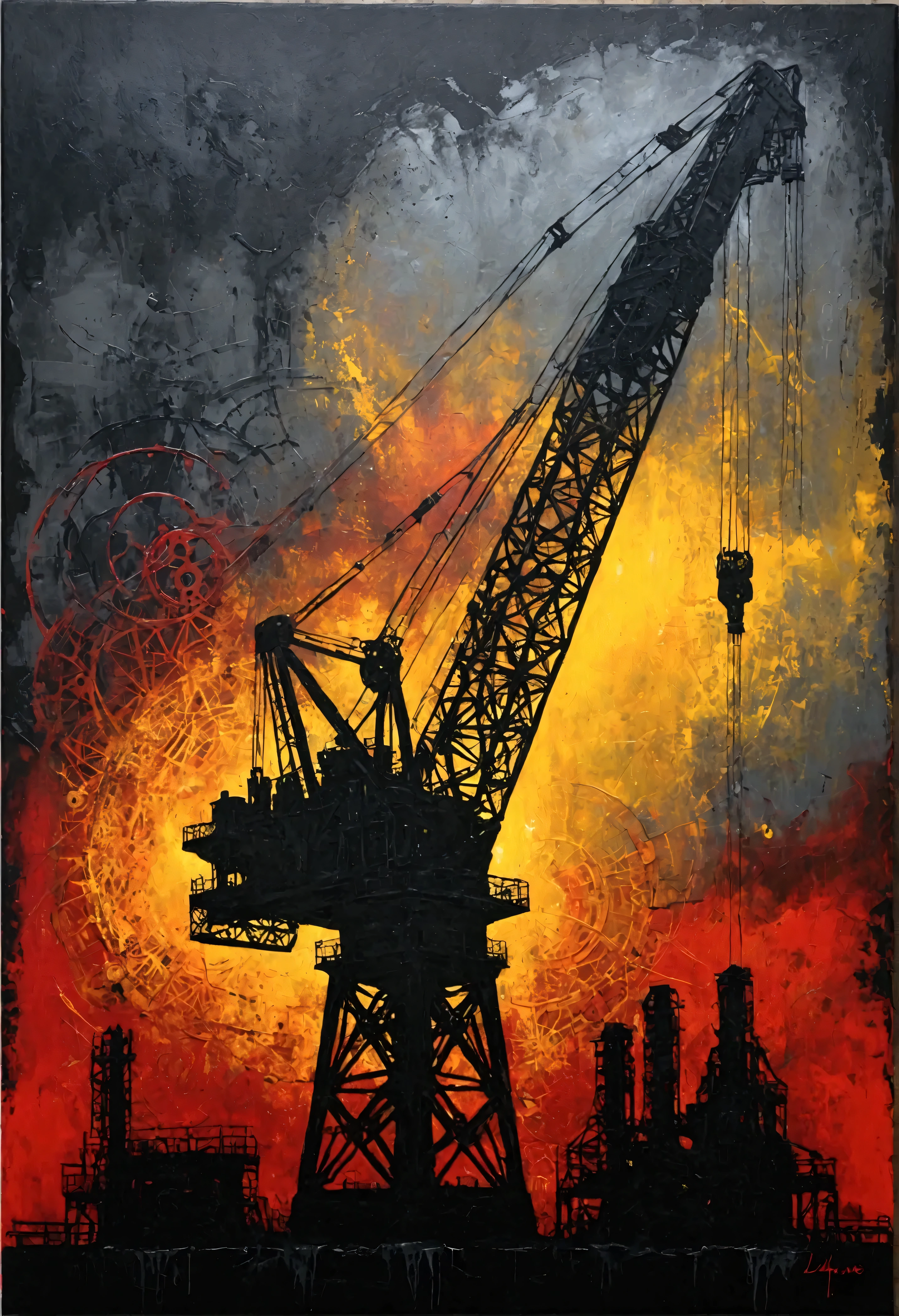 Envision a colossal crane towering over an industrial landscape, its intricate steel limbs sprawling like a mechanical behemoth. The artwork captures the essence of dynamic power through bold strokes and vivid contrasts. The crane's arm reaches out, seemingly defying gravity and symbolizing human ambition and engineering prowess. Vivid reds and deep yellows clash against a backdrop of stormy grays and lurking shadows, evoking the tension between man and machine. Abstract shapes hint at the machinery's intricate inner workings, with cogs and gears suggested through swirling patterns. Metallic textures gleam under an artificial light source, creating an aura of relentless energy and unstoppable force. The painting should communicate the sheer scale and complexity of modern heavy machinery, echoing both its utility and its inevitable presence in the ever-evolving industrial world. The viewer should feel overwhelmed yet fascinated by the crane's imposing presence, drawing parallels to giants of mythology, as it stands as a sentinel of progress against the skyline.