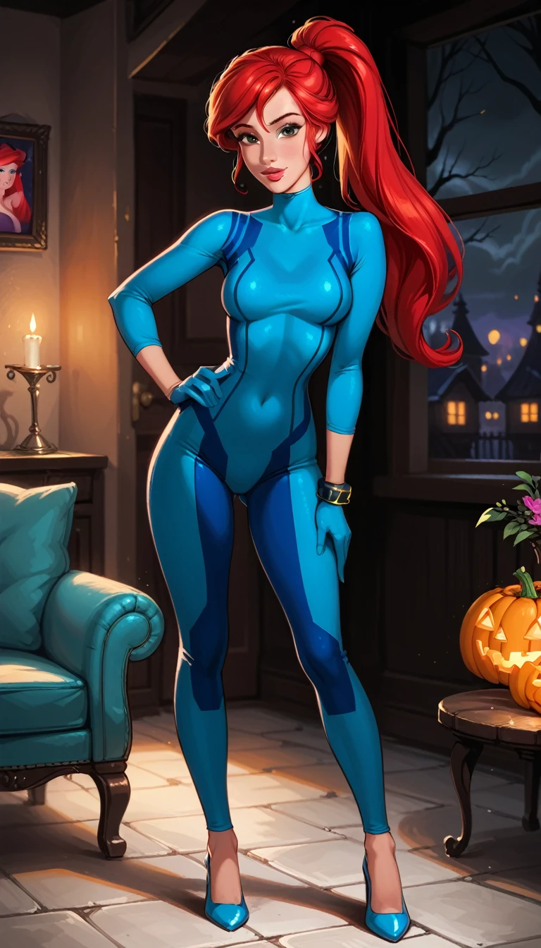 score_9, score_8_up, score_7_up, rating_questionable, epiCPhoto, 1girl, solo, very sexy (Disney's Ariel, ar_el, fair skin, red hair, ponytail, bangs:1.4), beautiful waifu, wearing (Samus Aran costume, blue bodysuit, zero suit, full bodysuit, full coverage, bracelet, gloves, skin tight, heels:1.1), long legs, confident, flirt, gaze, sexy look, cute smile, head tilt, filled lips, thick lips, standing, in the living room, hand on hip, feet apart, sexy pose, modelling shoot, beautiful modern apartment, city living, (Halloween theme:1.3), night, dark, dimly lit, expressiveh d4rk01l, perfect hands, perfect proportions.