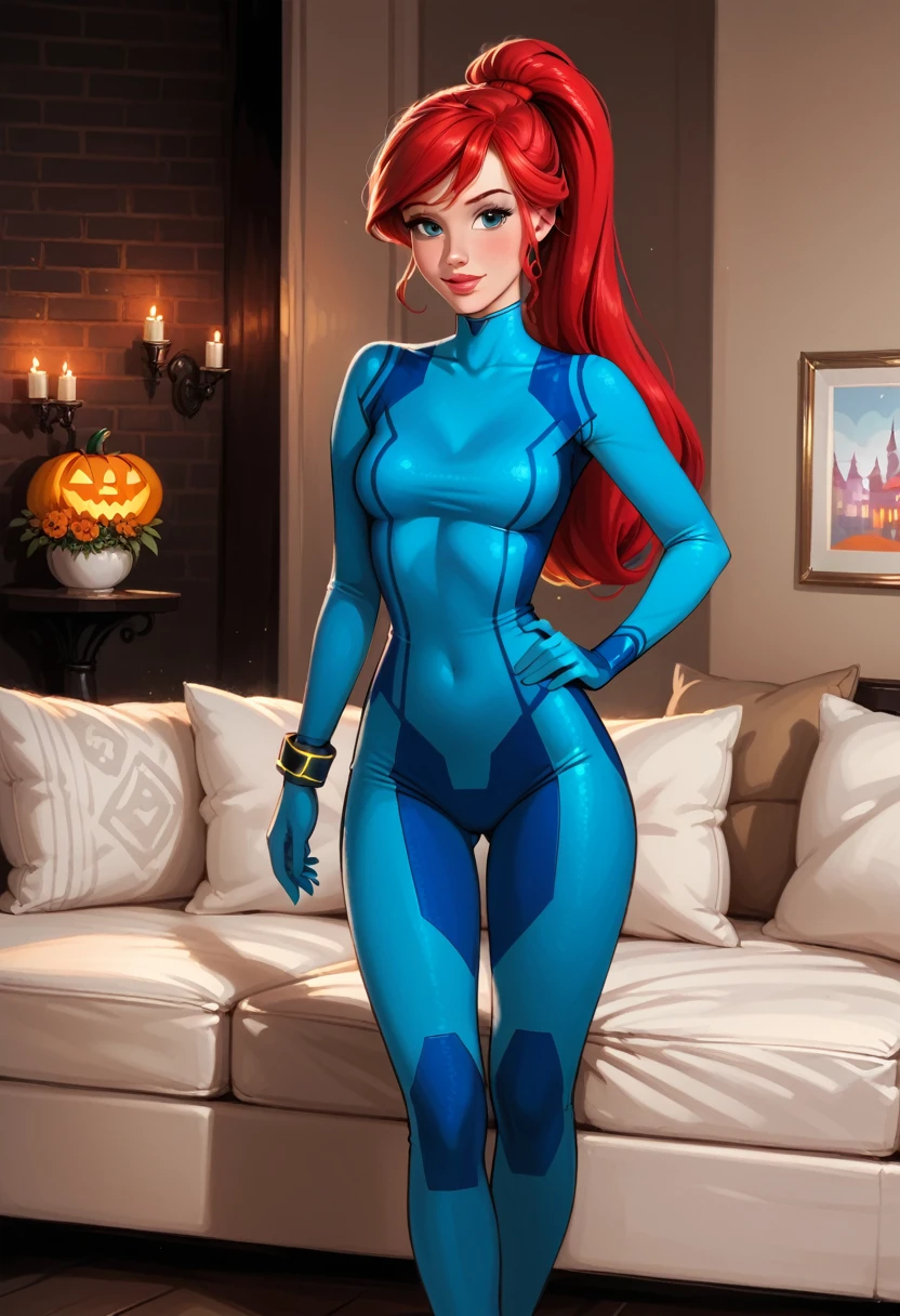 score_9, score_8_up, score_7_up, rating_questionable, epiCPhoto, 1girl, solo, very sexy (Disney's Ariel, ar_el, fair skin, red hair, ponytail, bangs:1.4), beautiful waifu, wearing (Samus Aran costume, blue bodysuit, zero suit, full bodysuit, full coverage, bracelet, gloves, skin tight:1.1), long legs, confident, flirt, gaze, sexy look, cute smile, head tilt, filled lips, thick lips, standing, in the living room, hand on hip, feet apart, sexy pose, modelling shoot, beautiful modern apartment, city living, (Halloween theme:1.3), night, dark, dimly lit, expressiveh d4rk01l, perfect hands, perfect proportions, (cowboy shot:1.3).