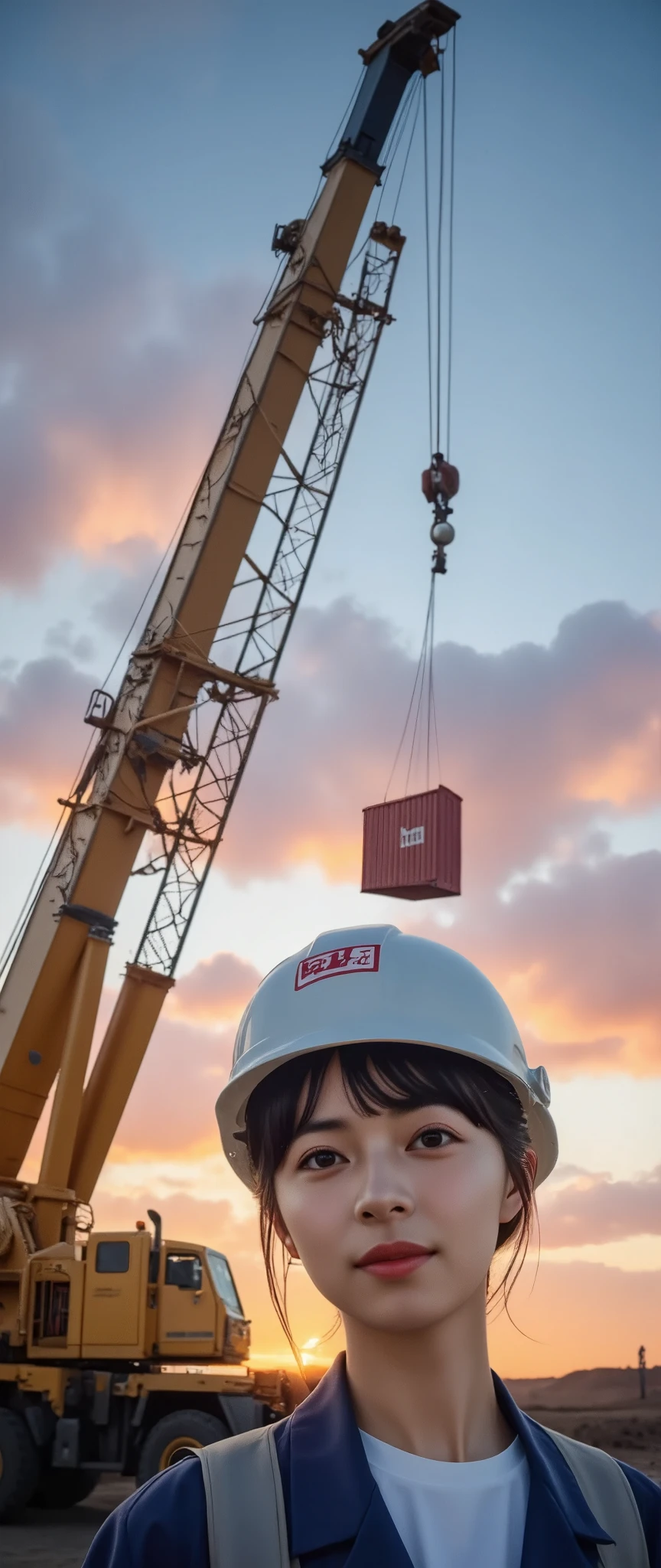 A large crane truck is lifting a container. A beautiful woman wearing a helmet and work clothes stands watching the container being lifted. The sky is a beautiful western sun.