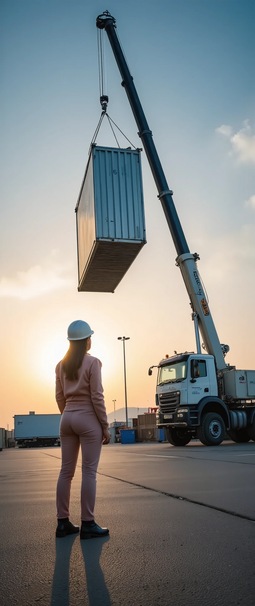 A large crane truck is lifting a container. A beautiful woman wearing a helmet and work clothes stands watching the container being lifted. The sky is a beautiful western sun.