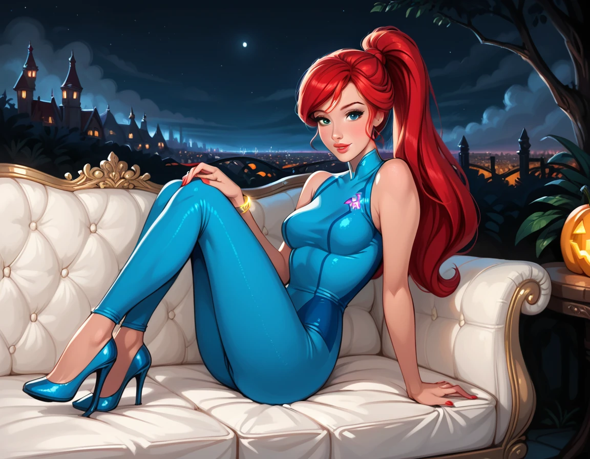 score_9, score_8_up, score_7_up, rating_questionable, epiCPhoto, 1girl, solo, very sexy (Disney's Ariel, ar_el, fair skin, red hair, ponytail, bangs:1.4), beautiful waifu, wearing (defSamus, Samus Aran costume, bodysuit, blue clothes, blue pants, high heels, bracelet, skin tight:1.1), long legs, confident, flirt, gaze, sexy look, cute smile, head tilt, filled lips, thick lips, sitting on large sofa, in the living room, model pose, modelling shoot, elegant, glamorous, beautiful modern apartment, city living, (Halloween theme:1.3), night, dark, dimly lit, expressiveh d4rk01l, perfect hands, perfect proportions.